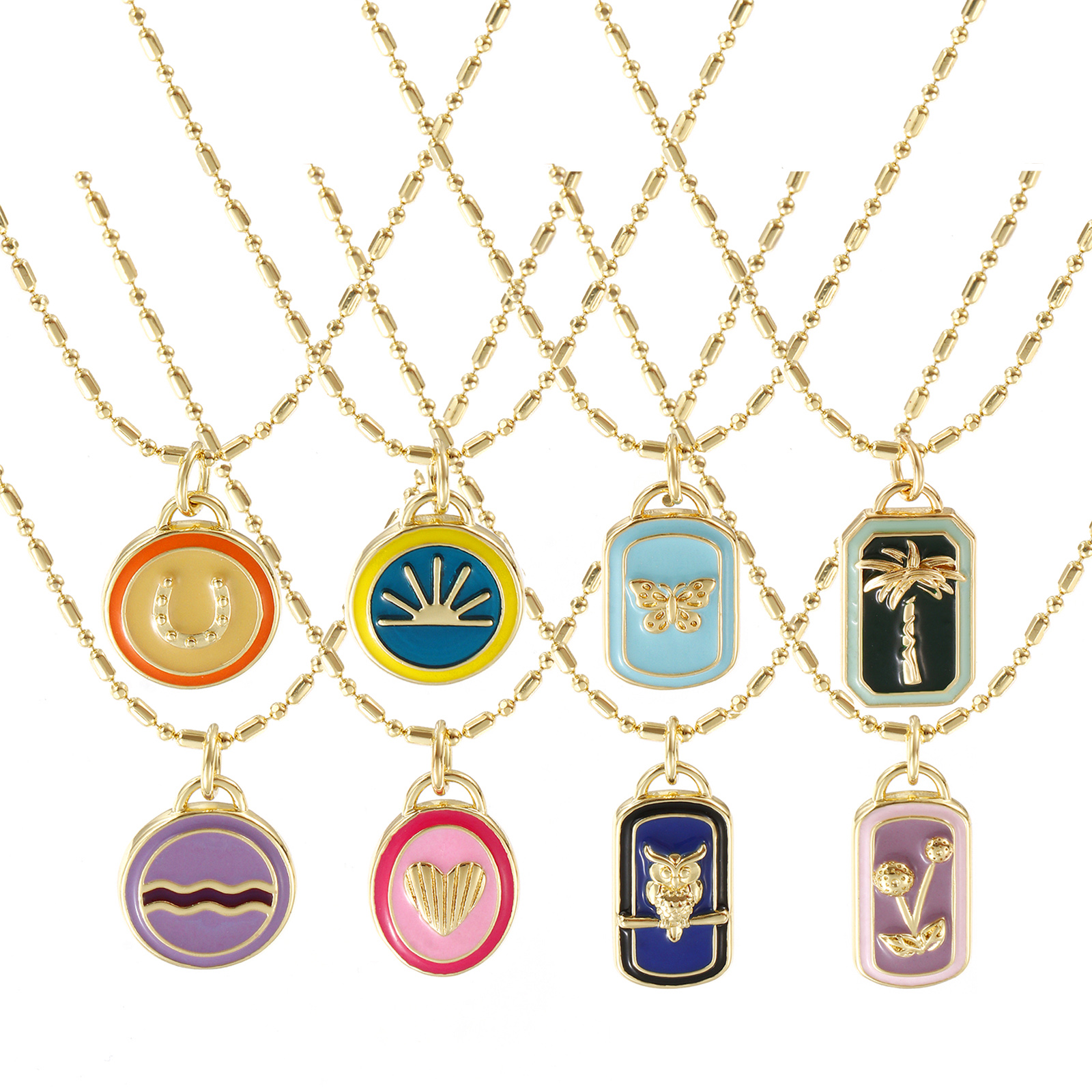 Picture of 18K Real Gold Plated Bamboo Chain Pendant Charm Necklace, Brass 45cm(17.7") + 5cm(2"), For Women, Enamel Retro Geometric Gift, Eco-friendly