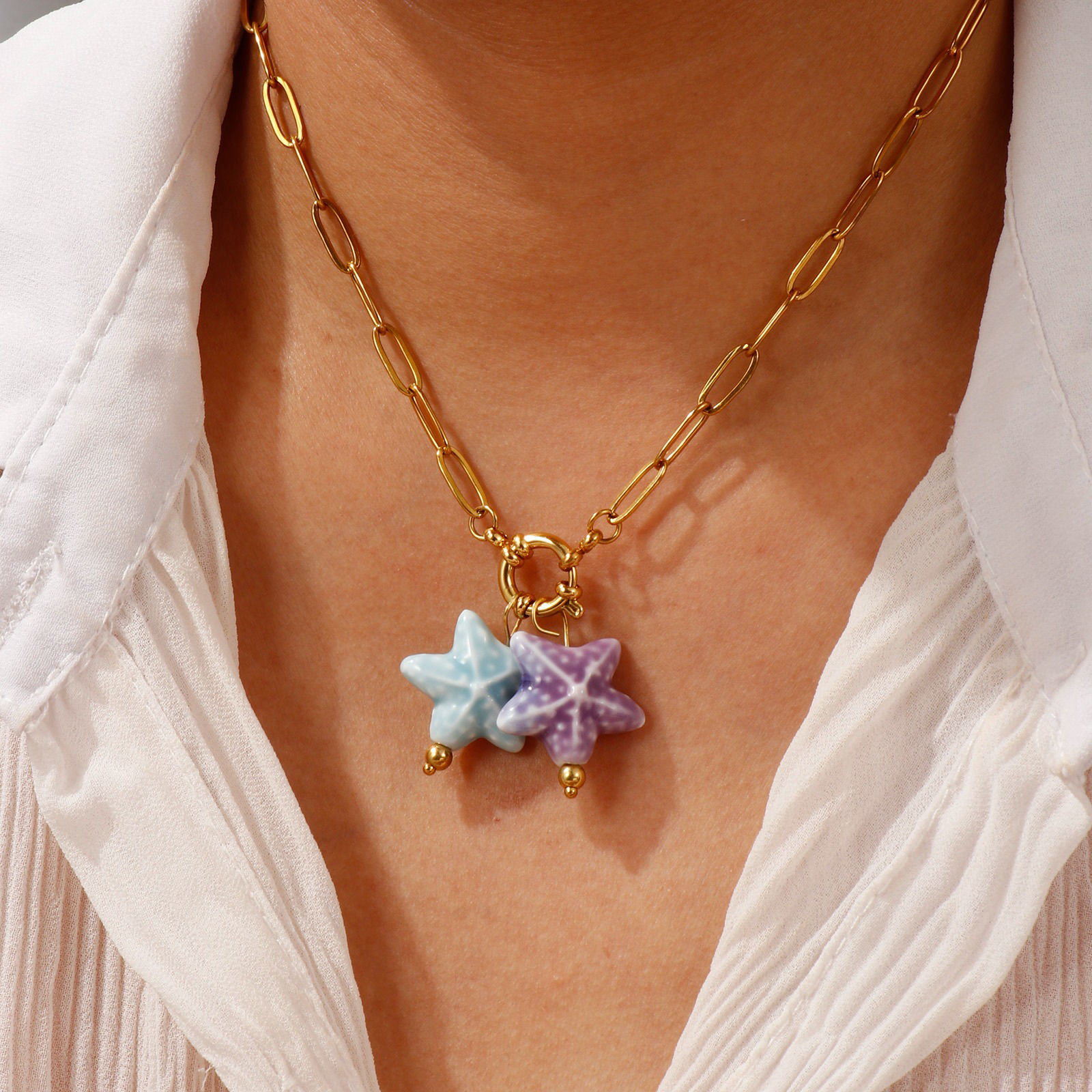 Picture of 18K Real Gold Plated Pendant Charm Necklace, 304 Stainless Steel & Ceramic For Women, 3D, Ocean Jewelry Sweet & Cute Gift, Eco-friendly PVD Vacuum Plating