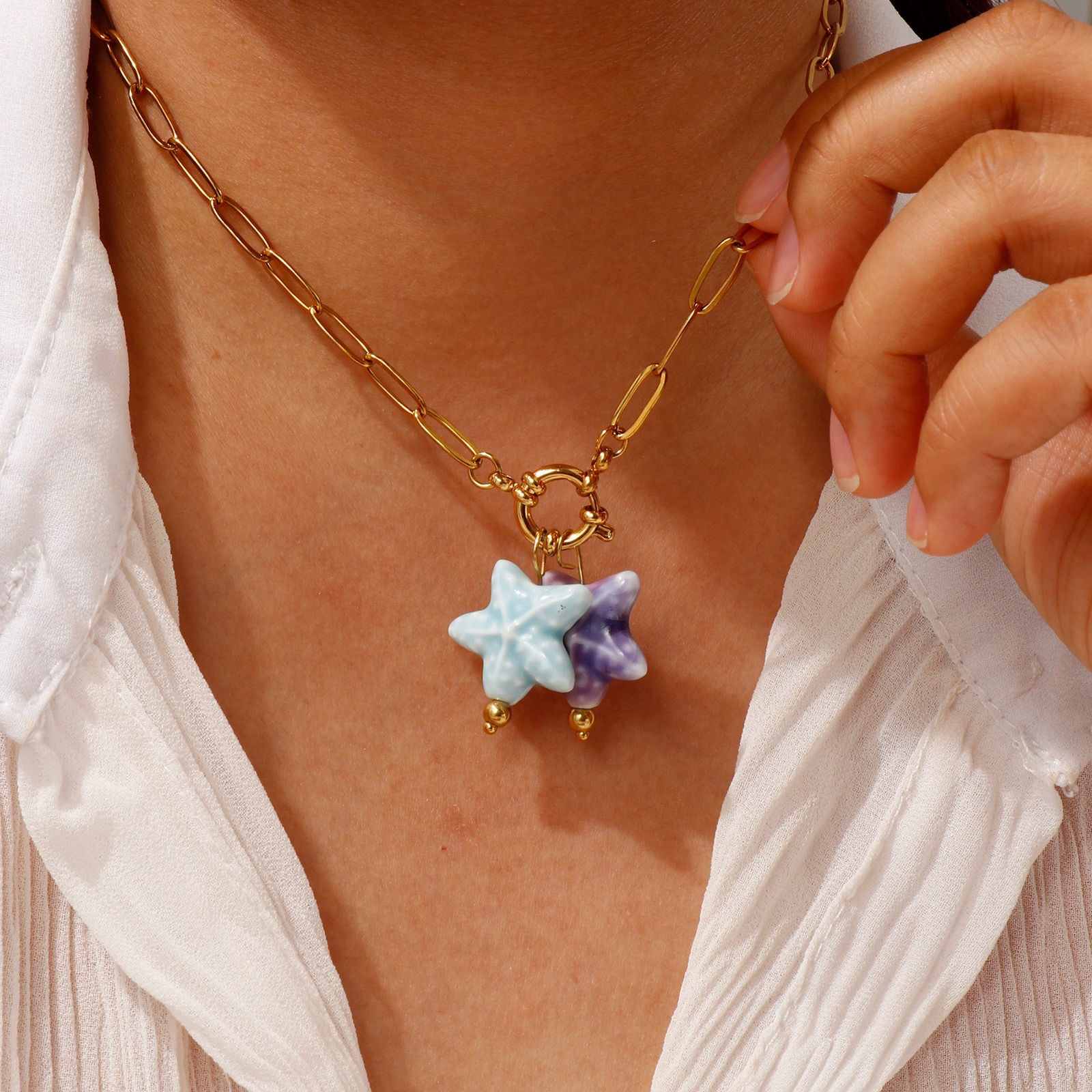 Picture of 18K Real Gold Plated Pendant Charm Necklace, 304 Stainless Steel & Ceramic For Women, 3D, Ocean Jewelry Sweet & Cute Gift, Eco-friendly PVD Vacuum Plating