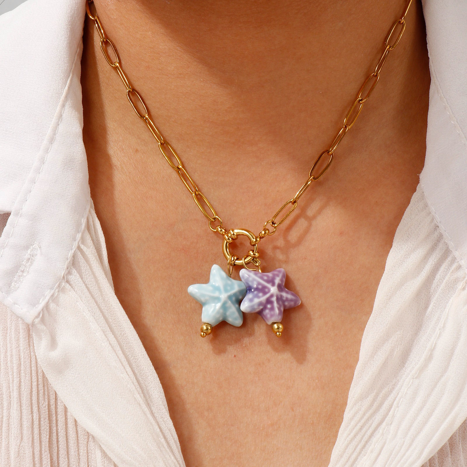Picture of 18K Real Gold Plated Pendant Charm Necklace, 304 Stainless Steel & Ceramic For Women, 3D, Ocean Jewelry Sweet & Cute Gift, Eco-friendly PVD Vacuum Plating