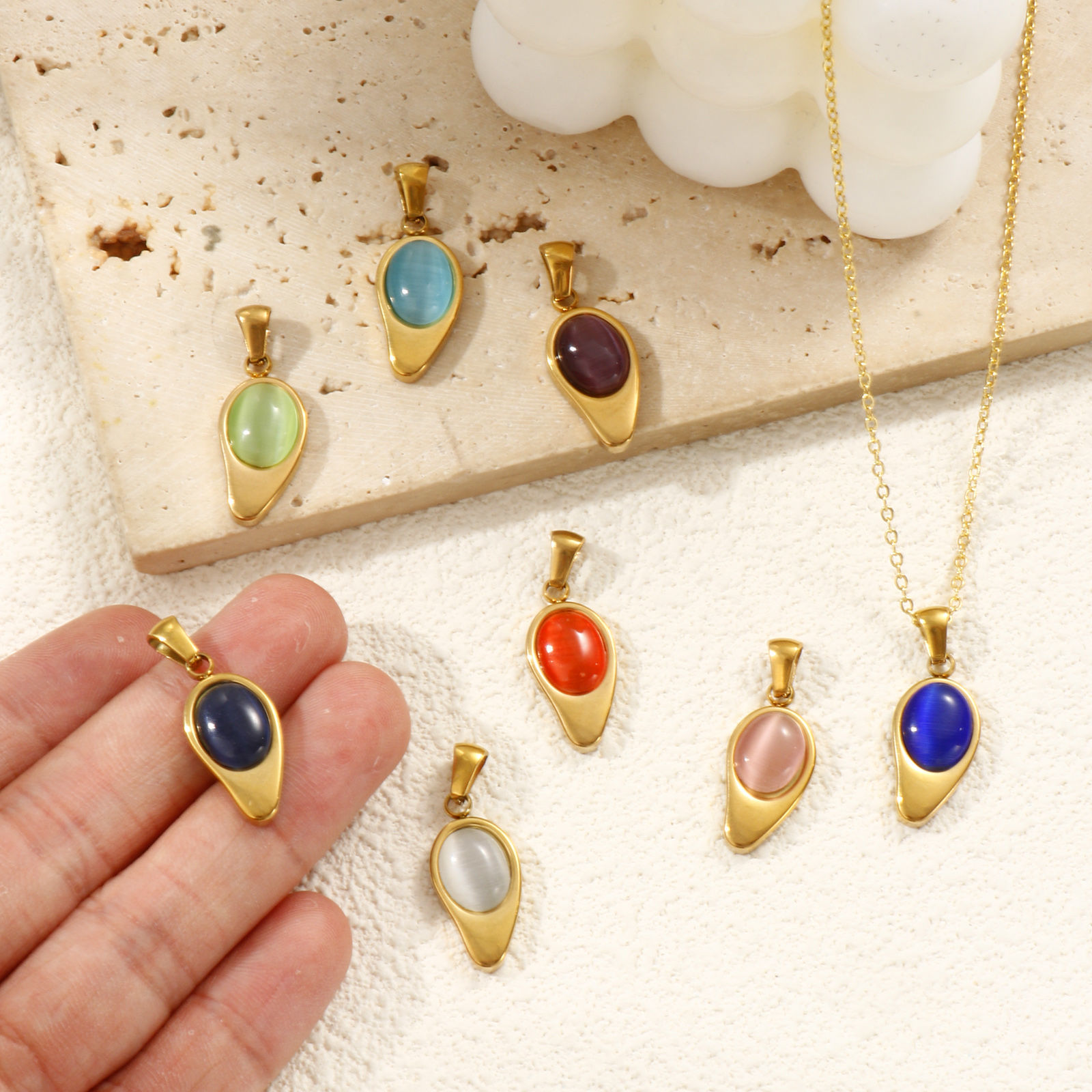 Picture of Eco-friendly PVD Vacuum Plating 304 Stainless Steel Charm Pendant 18K Real Gold Plated Drop Cat's Eye Imitation 28mm x 11mm