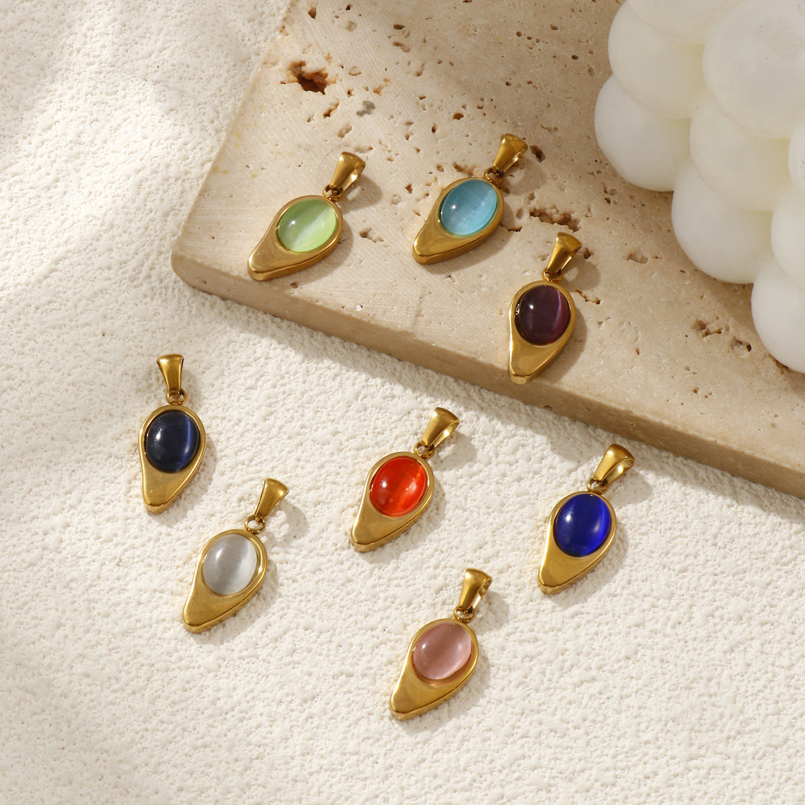 Picture of Eco-friendly PVD Vacuum Plating 304 Stainless Steel Charm Pendant 18K Real Gold Plated Drop Cat's Eye Imitation 28mm x 11mm