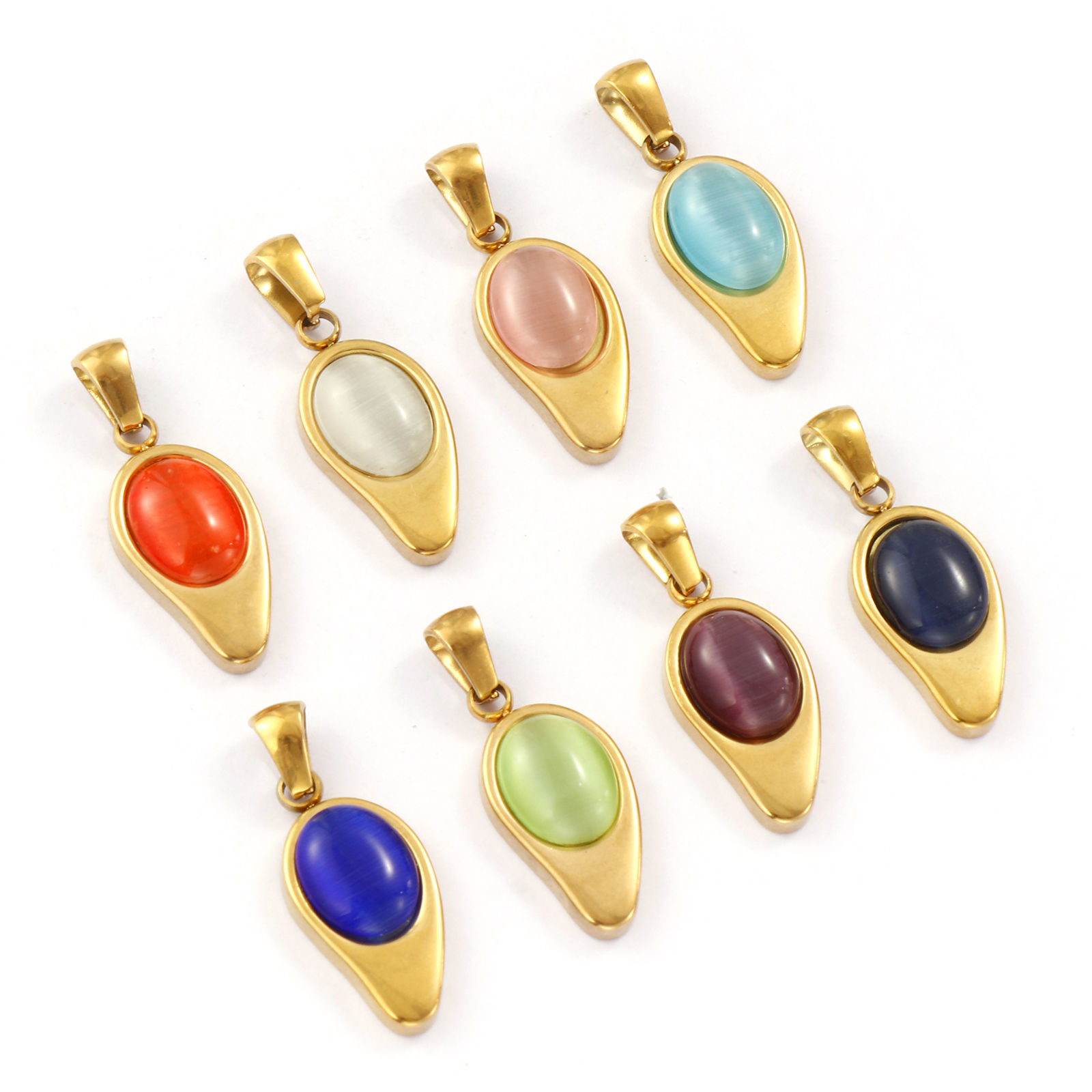 Picture of Eco-friendly PVD Vacuum Plating 304 Stainless Steel Charm Pendant 18K Real Gold Plated Drop Cat's Eye Imitation 28mm x 11mm