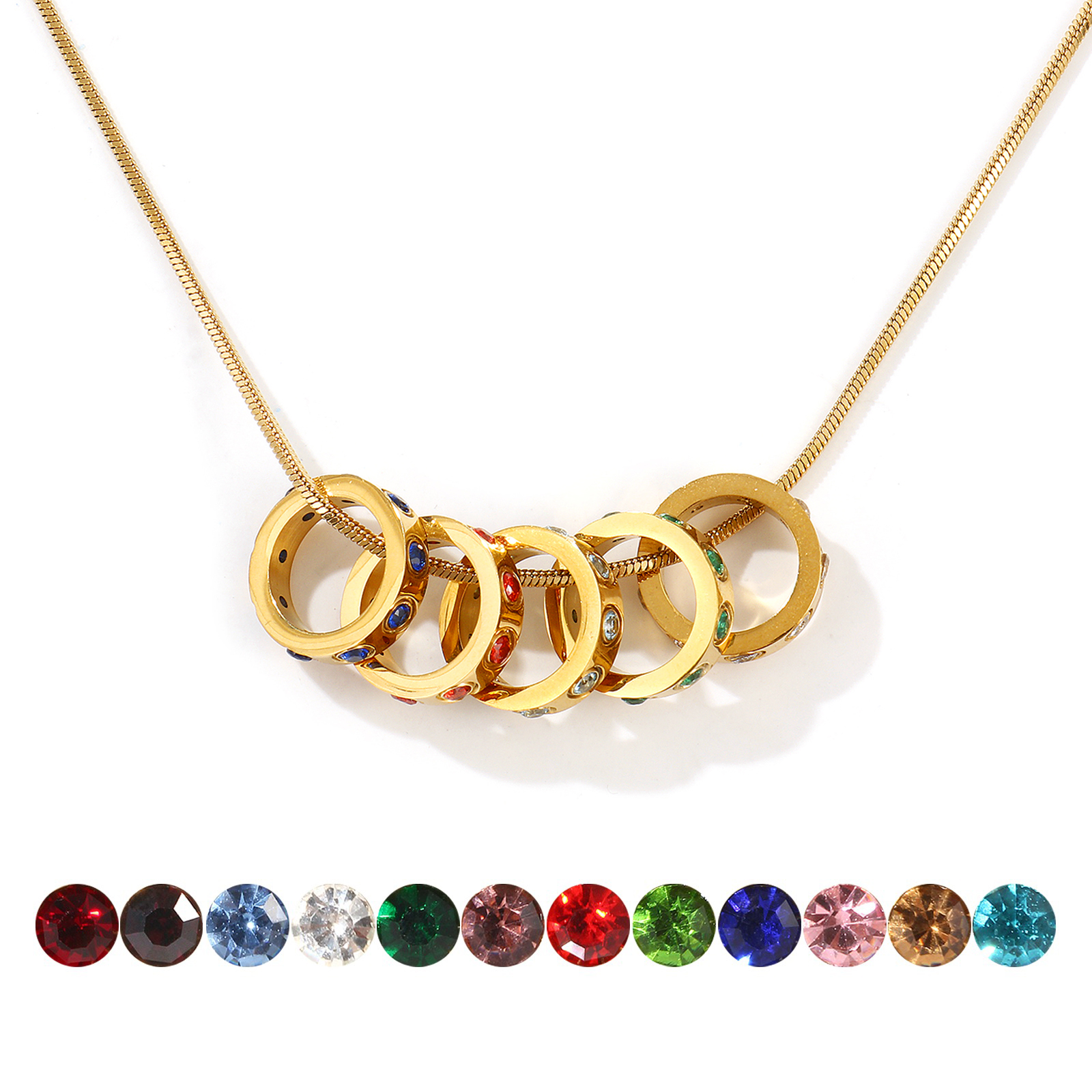 Picture of 18K Real Gold Plated Square Snake Chain Circle Ring Pendant Charm Necklace, 304 Stainless Steel & Cubic Zirconia 45cm(17.7") + 5cm(2"), For Women, Birthstone Stylish Gift, Eco-friendly PVD Vacuum Plating