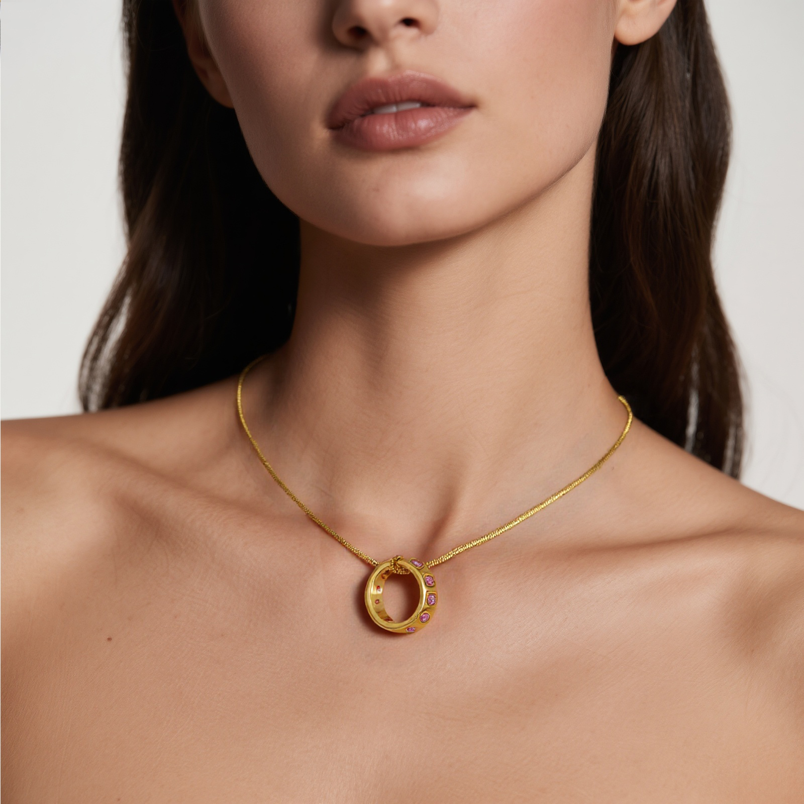 Picture of 18K Real Gold Plated Square Snake Chain Circle Ring Pendant Charm Necklace, 304 Stainless Steel & Cubic Zirconia 45cm(17.7") + 5cm(2"), For Women, Birthstone Stylish Gift, Eco-friendly PVD Vacuum Plating