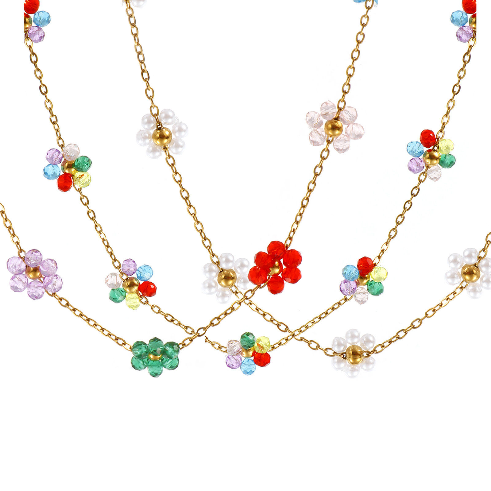 Picture of 18K Real Gold Plated Link Cable Chain Flower Beaded Necklace, 304 Stainless Steel 40cm(15.7") + 5cm(2"), For Women, Multicolor Sweet & Cute Exquisite Gift, Eco-friendly PVD Vacuum Plating