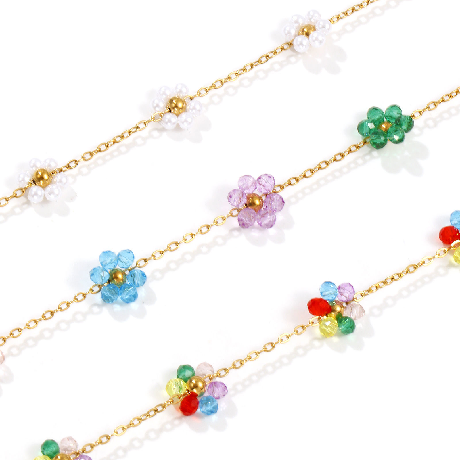 Picture of 18K Real Gold Plated Link Cable Chain Flower Beaded Necklace, 304 Stainless Steel 40cm(15.7") + 5cm(2"), For Women, Multicolor Sweet & Cute Exquisite Gift, Eco-friendly PVD Vacuum Plating