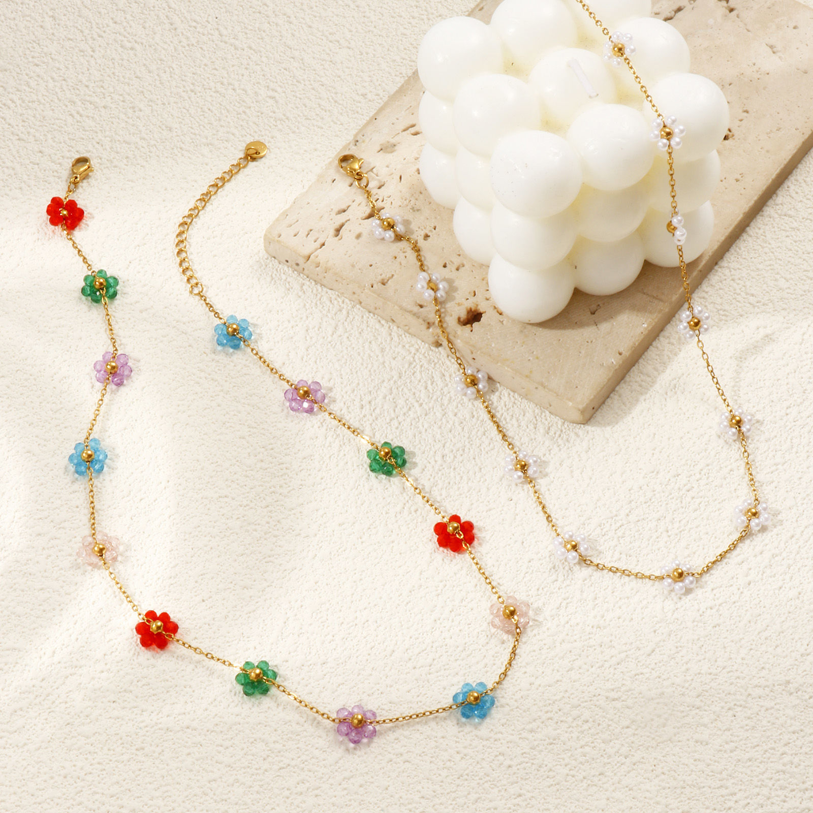 Picture of 18K Real Gold Plated Link Cable Chain Flower Beaded Necklace, 304 Stainless Steel 40cm(15.7") + 5cm(2"), For Women, Multicolor Sweet & Cute Exquisite Gift, Eco-friendly PVD Vacuum Plating