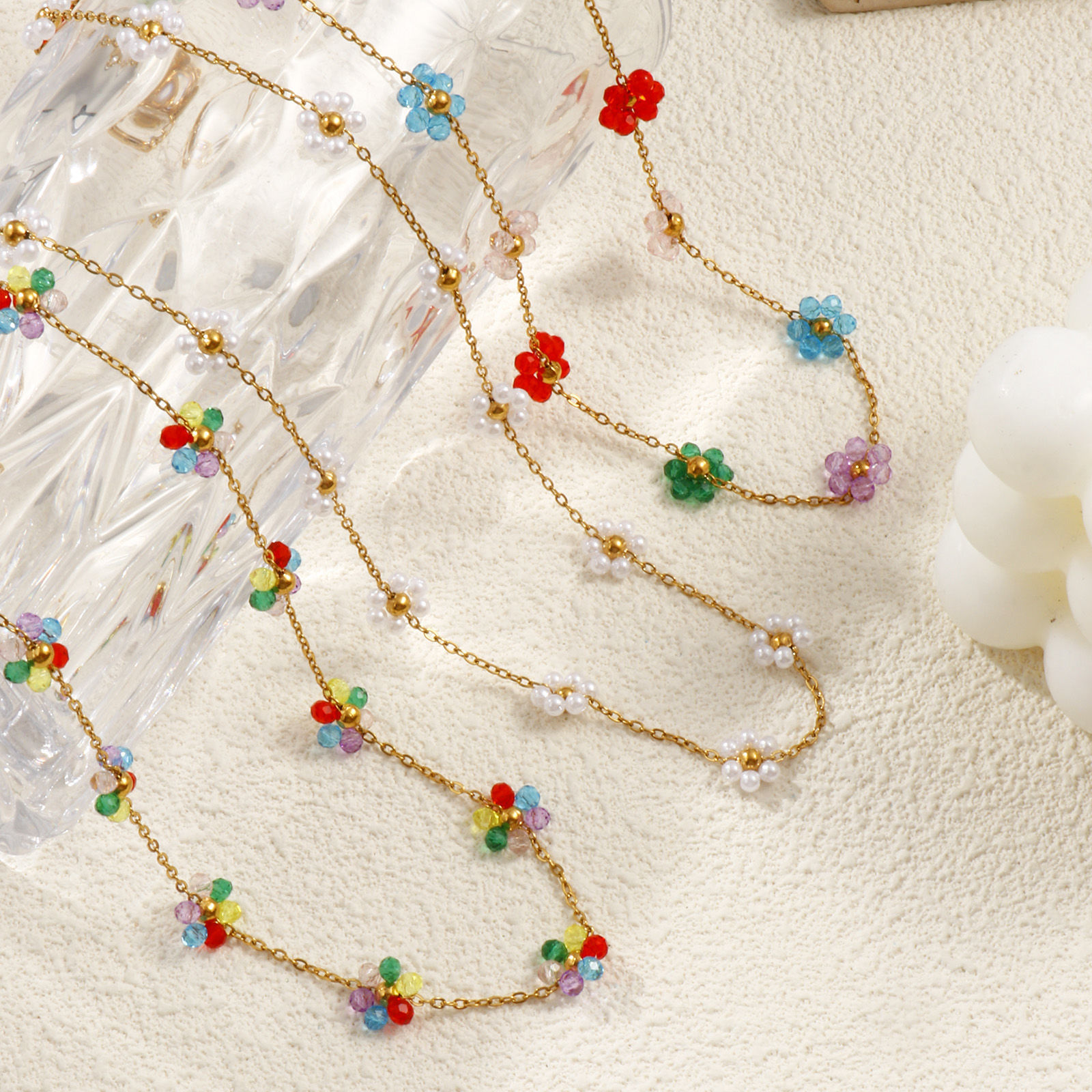 Picture of 18K Real Gold Plated Link Cable Chain Flower Beaded Necklace, 304 Stainless Steel 40cm(15.7") + 5cm(2"), For Women, Multicolor Sweet & Cute Exquisite Gift, Eco-friendly PVD Vacuum Plating