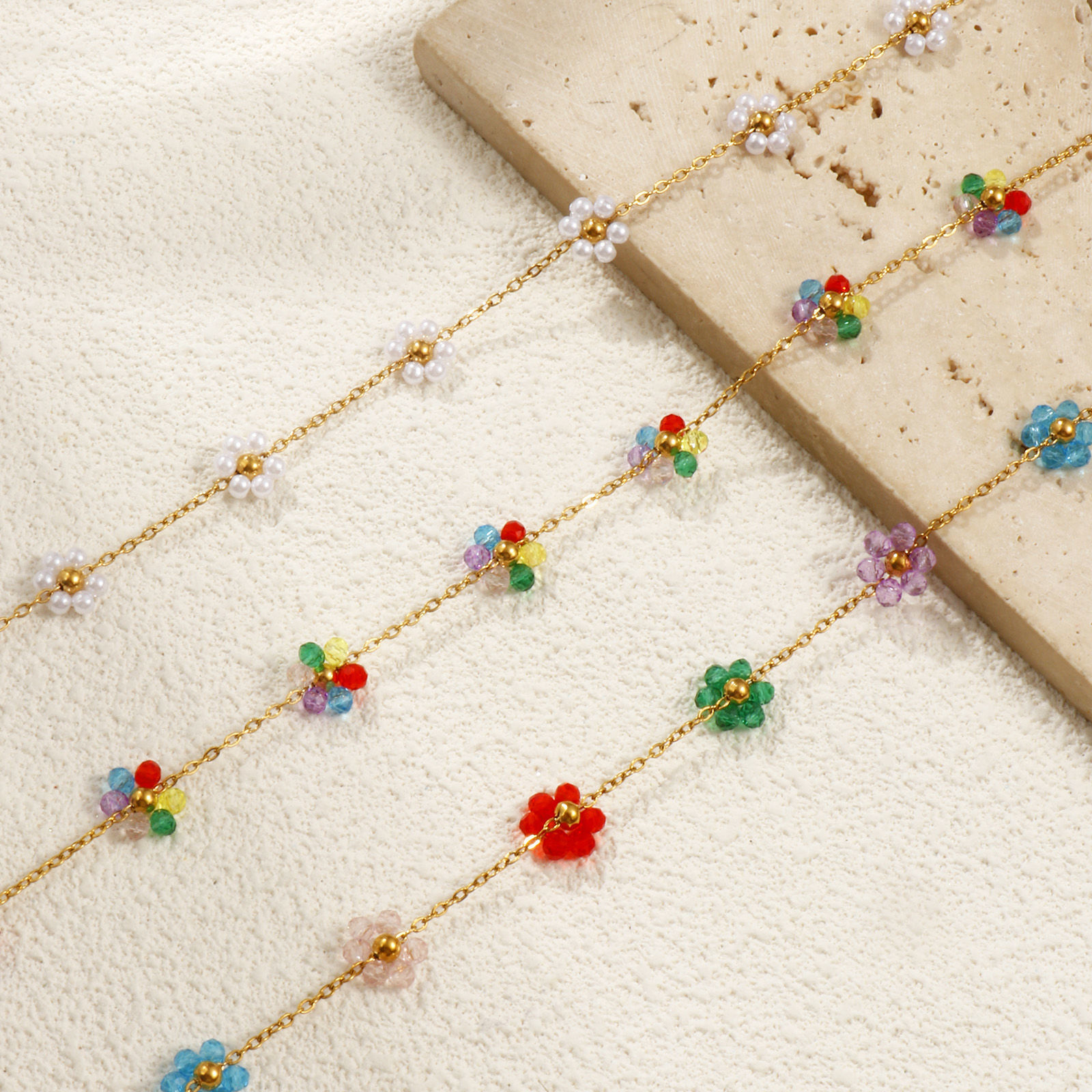 Picture of 18K Real Gold Plated Link Cable Chain Flower Beaded Necklace, 304 Stainless Steel 40cm(15.7") + 5cm(2"), For Women, Multicolor Sweet & Cute Exquisite Gift, Eco-friendly PVD Vacuum Plating