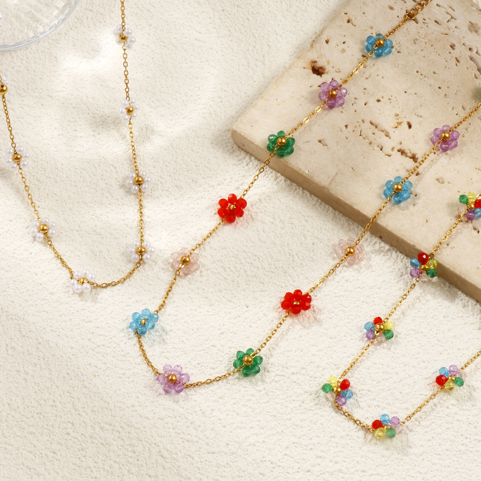 Picture of 18K Real Gold Plated Link Cable Chain Flower Beaded Necklace, 304 Stainless Steel 40cm(15.7") + 5cm(2"), For Women, Multicolor Sweet & Cute Exquisite Gift, Eco-friendly PVD Vacuum Plating