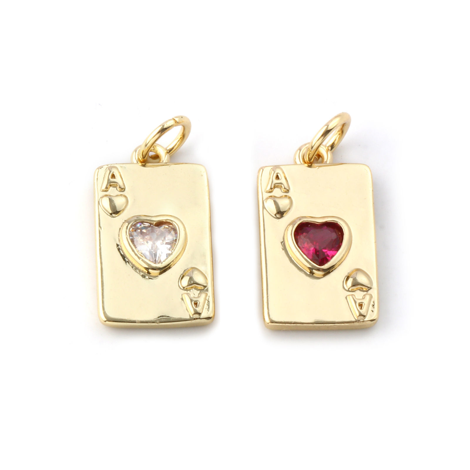 Picture of Eco-friendly Brass & Cubic Zirconia Poker/ Paper Card/ Game Card Charms 18K Real Gold Plated Poker Card Heart 19mm x 9mm