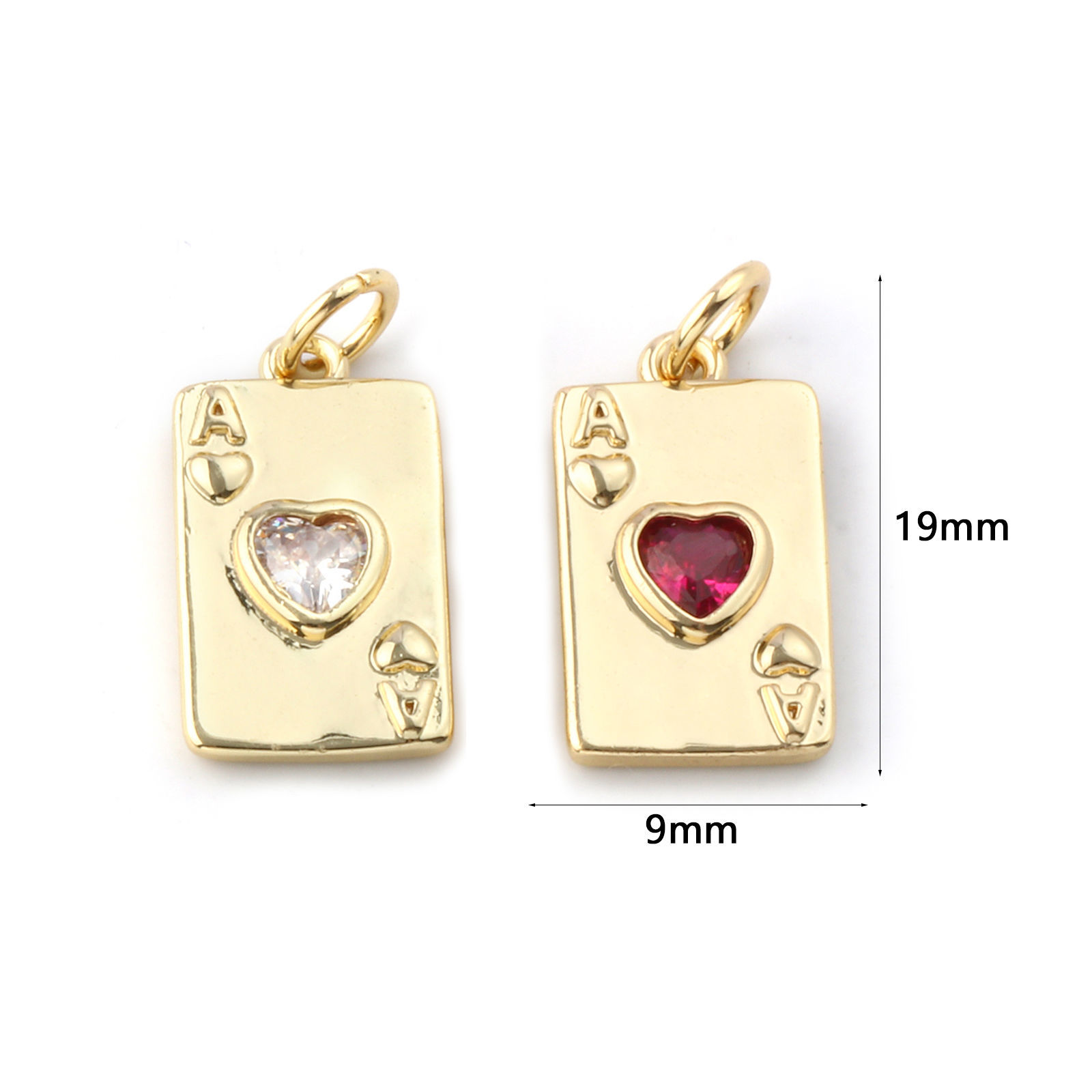 Picture of Eco-friendly Brass & Cubic Zirconia Poker/ Paper Card/ Game Card Charms 18K Real Gold Plated Poker Card Heart 19mm x 9mm