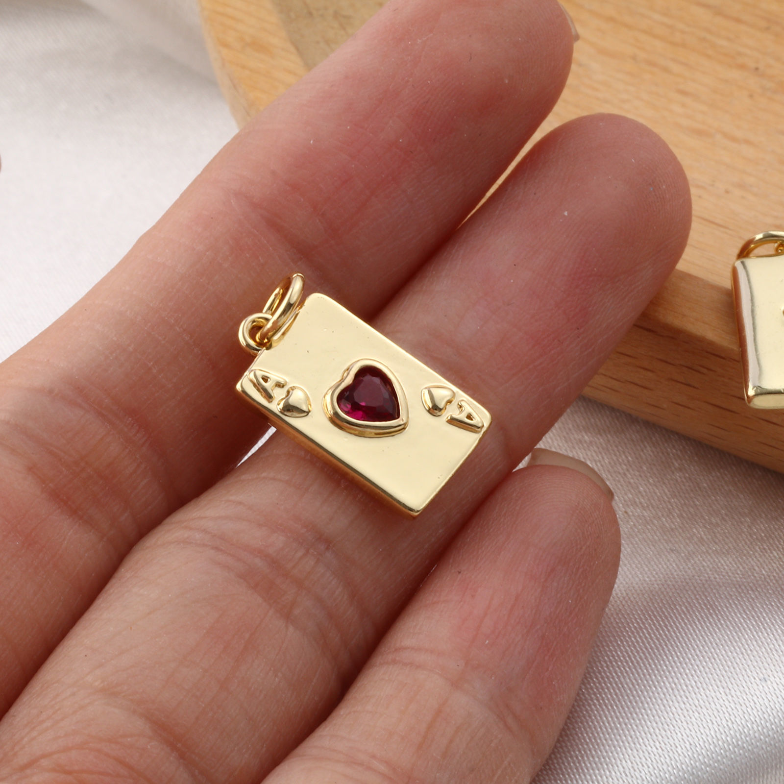 Picture of Eco-friendly Brass & Cubic Zirconia Poker/ Paper Card/ Game Card Charms 18K Real Gold Plated Poker Card Heart 19mm x 9mm