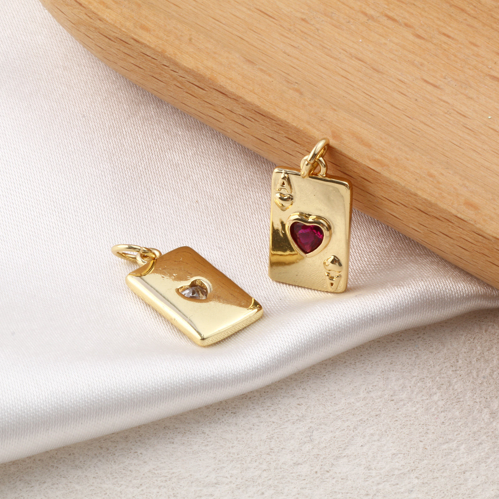 Picture of Eco-friendly Brass & Cubic Zirconia Poker/ Paper Card/ Game Card Charms 18K Real Gold Plated Poker Card Heart 19mm x 9mm