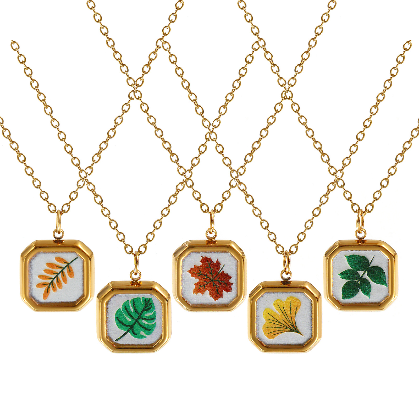 Picture of 18K Real Gold Plated Link Cable Chain Octagon Pendant Charm Necklace, 304 Stainless Steel 45cm(17.7") + 5cm(2"), For Women, Leaf Printed, Exquisite Natural Pastoral Gift, Eco-friendly PVD Vacuum Plating