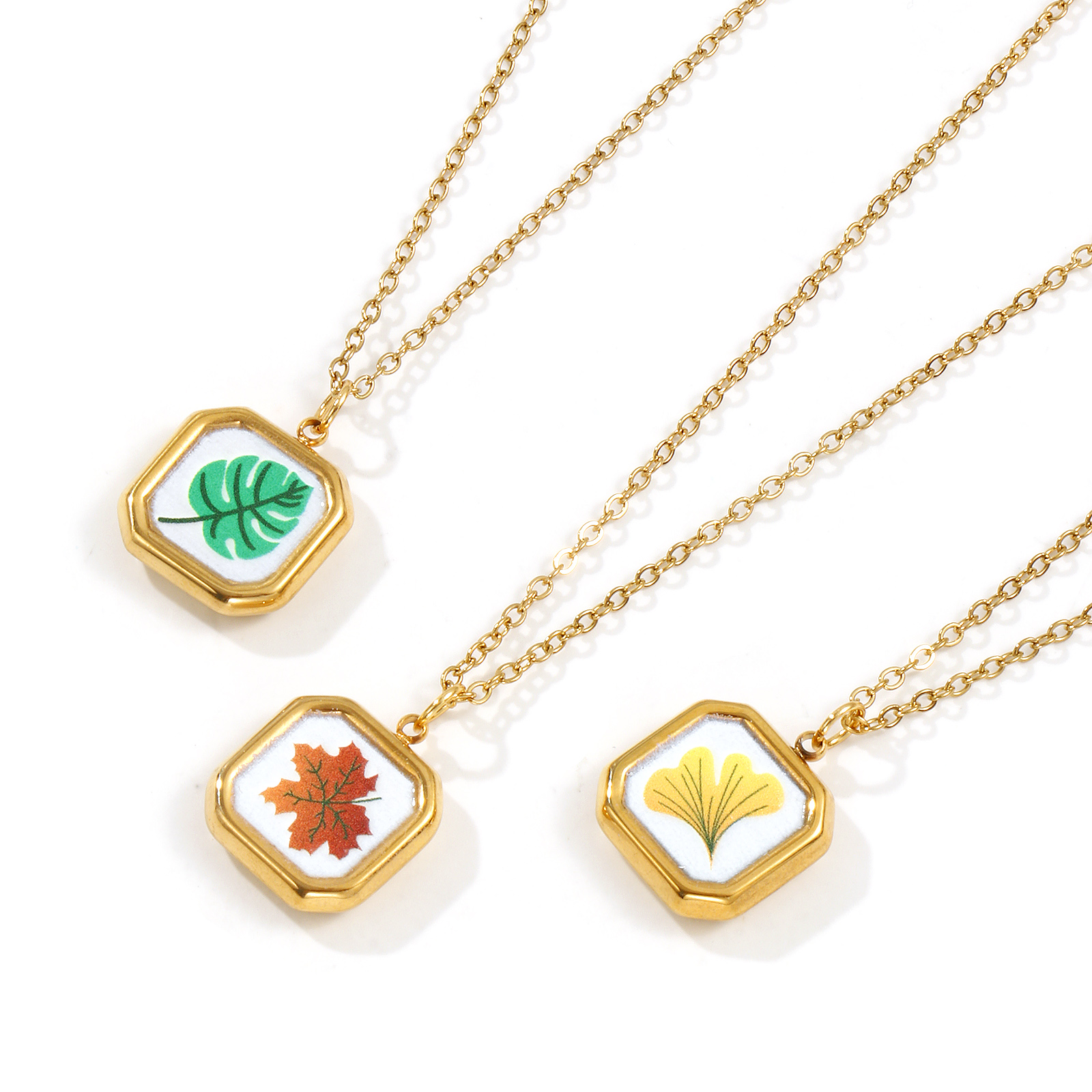 Picture of 18K Real Gold Plated Link Cable Chain Octagon Pendant Charm Necklace, 304 Stainless Steel 45cm(17.7") + 5cm(2"), For Women, Leaf Printed, Exquisite Natural Pastoral Gift, Eco-friendly PVD Vacuum Plating