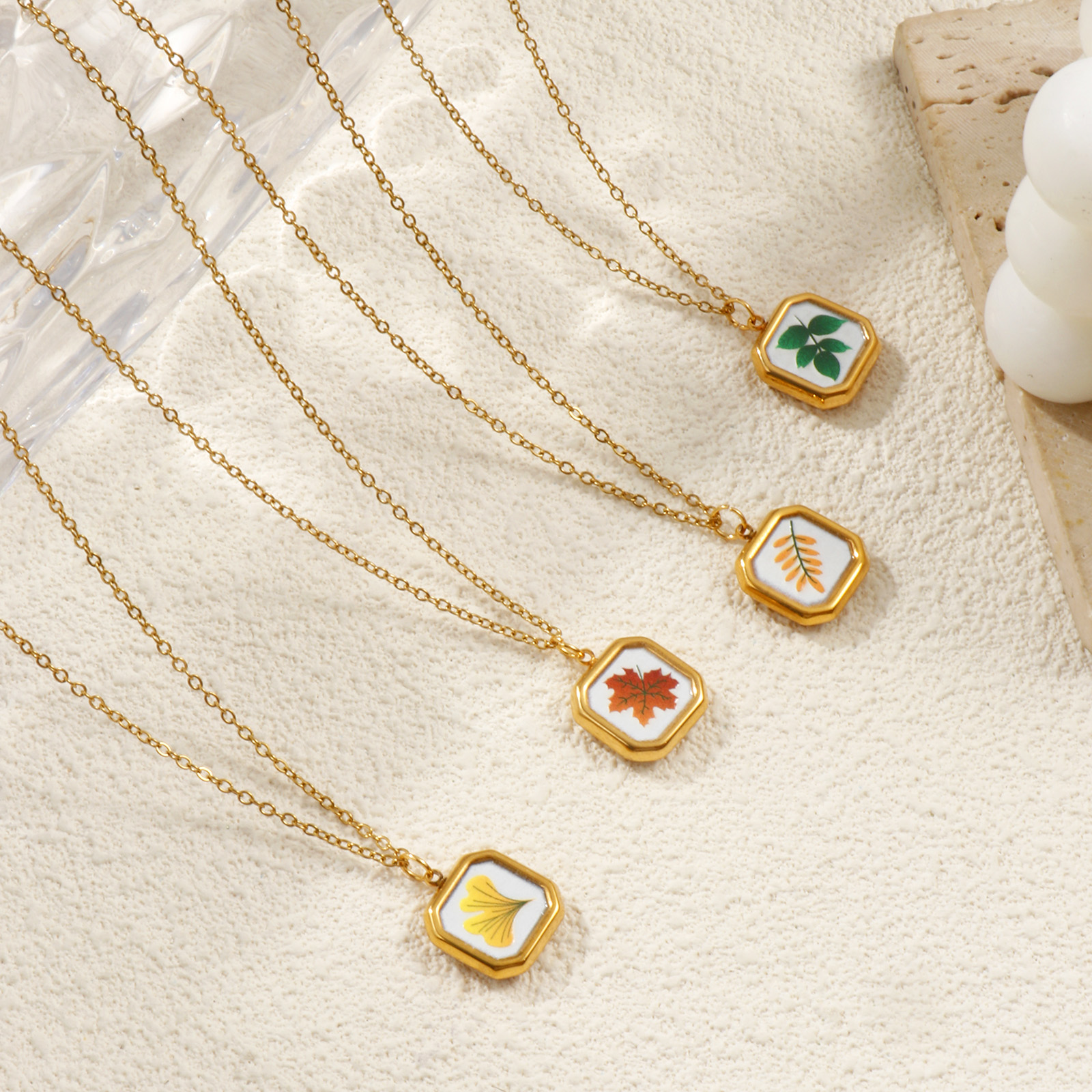 Picture of 18K Real Gold Plated Link Cable Chain Octagon Pendant Charm Necklace, 304 Stainless Steel 45cm(17.7") + 5cm(2"), For Women, Leaf Printed, Exquisite Natural Pastoral Gift, Eco-friendly PVD Vacuum Plating