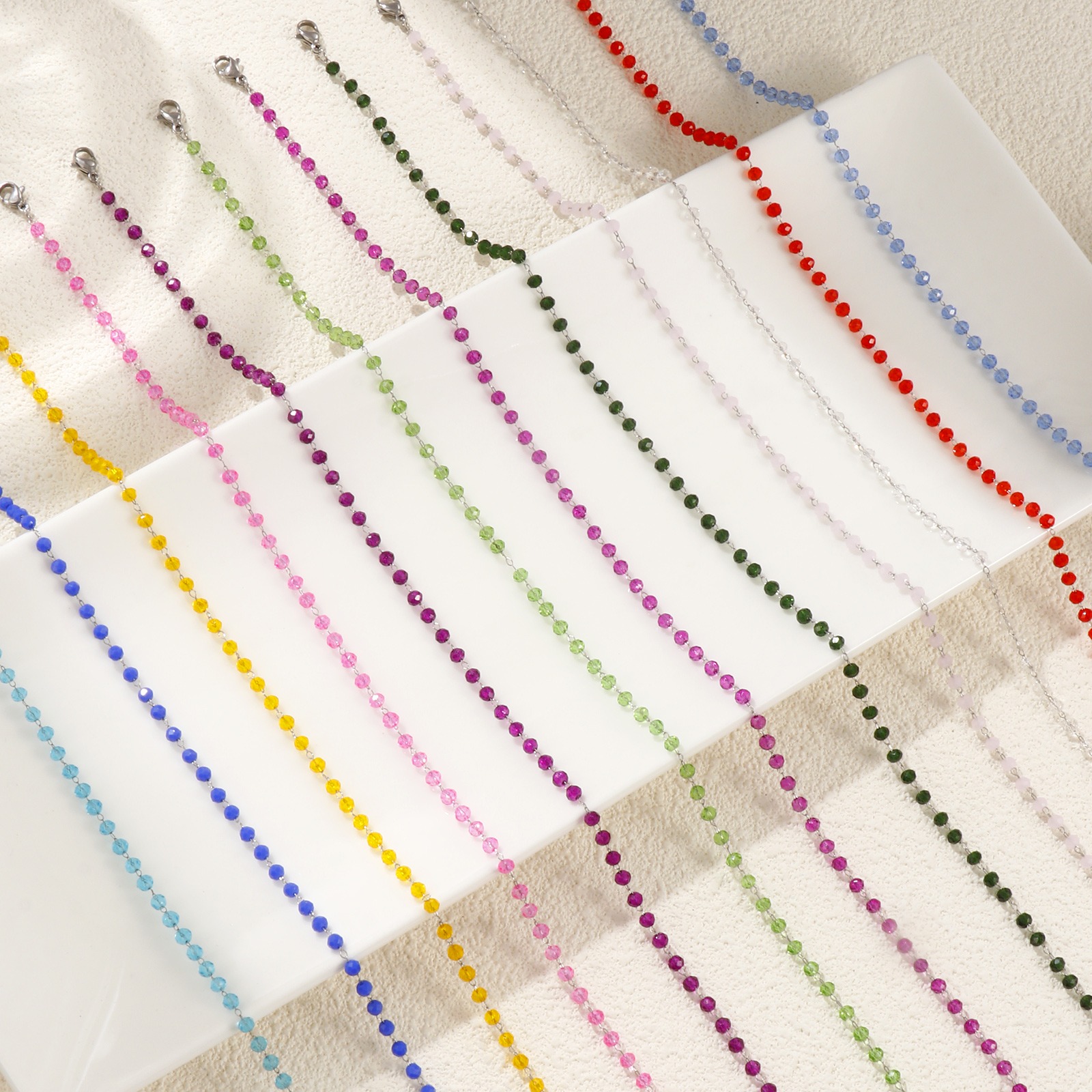 Picture of Wholesale Beaded Chain Necklace, Silver Tone 304 Stainless Steel & Glass, Unisex Eco-friendly Simple Birthstone Gift Jewelry For Retailer, 38cm(15") + 5cm(2") long, 1 Piece