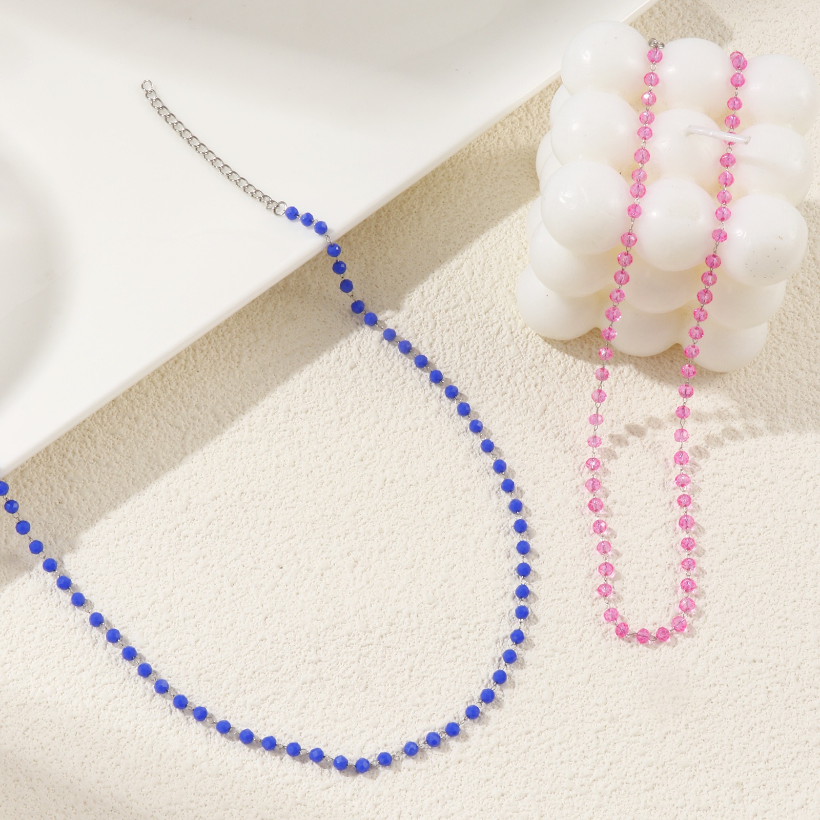 Picture of Wholesale Beaded Chain Necklace, Silver Tone 304 Stainless Steel & Glass, Unisex Eco-friendly Simple Birthstone Gift Jewelry For Retailer, 38cm(15") + 5cm(2") long, 1 Piece