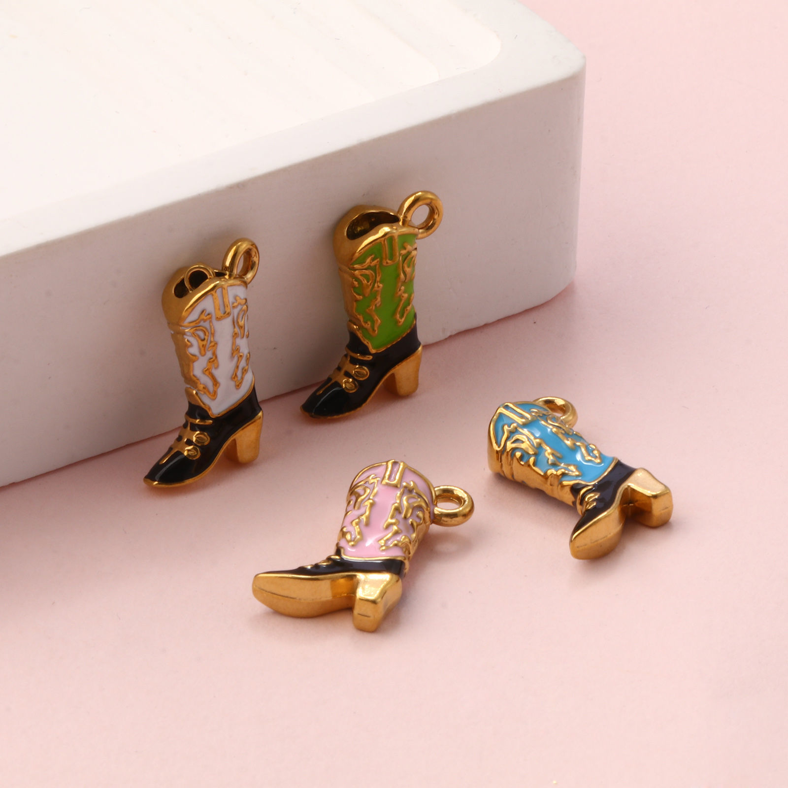 Picture of Eco-friendly PVD Vacuum Plating 304 Stainless Steel West Cowboy Charms 18K Gold Plated Enamel Boots 3D 19mm x 14mm