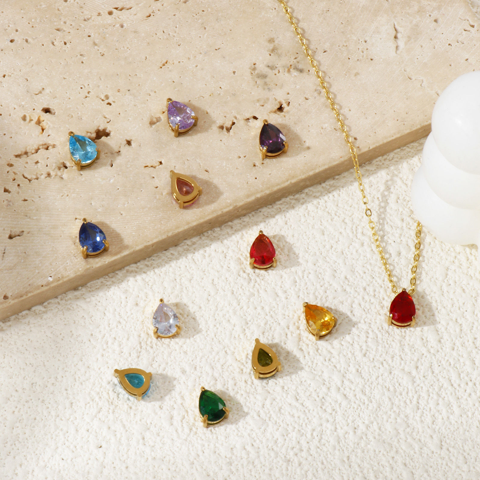 Picture of Eco-friendly PVD Vacuum Plating 304 Stainless Steel & Cubic Zirconia Birthstone Charms 18K Real Gold Plated Drop Mini 9mm x 6mm