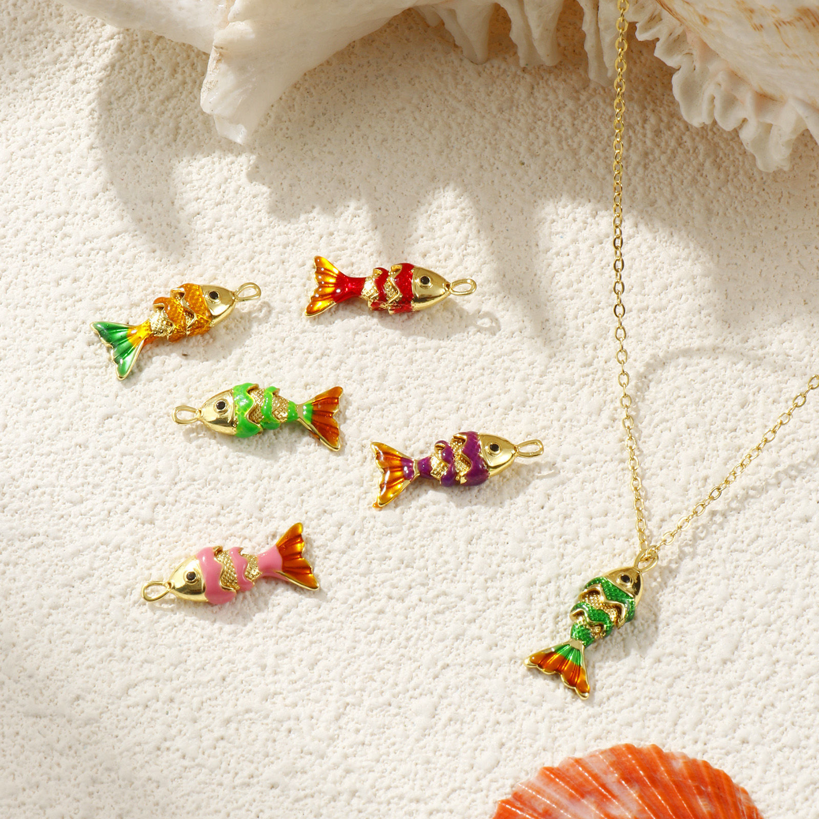 Picture of Brass Ocean Jewelry Charms 18K Gold Plated Enamel Fish Animal 3D Movable Black Cubic Zirconia 22mm x 9mm