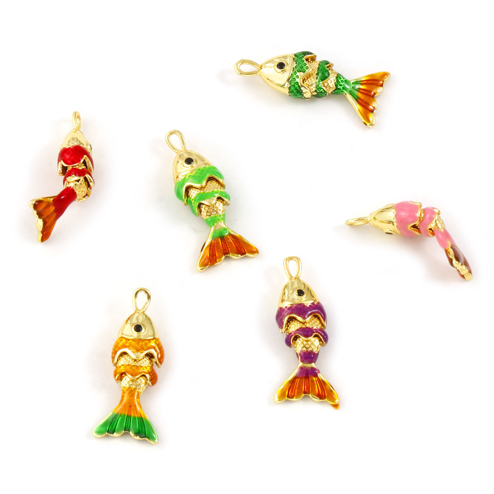 Picture of Brass Ocean Jewelry Charms 18K Gold Plated Enamel Fish Animal 3D Movable Black Cubic Zirconia 22mm x 9mm