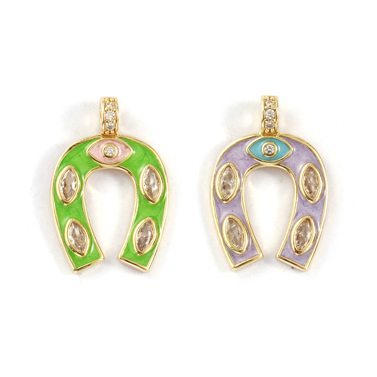 Picture of Eco-friendly Brass West Cowboy Charms 18K Real Gold Plated Enamel Luck Horseshoe Micro Pave Clear Cubic Zirconia 26mm x 18mm