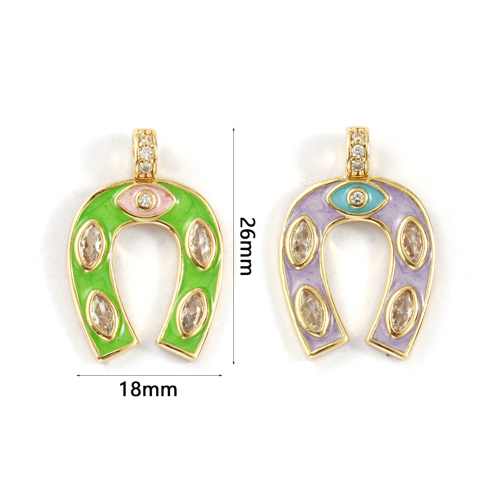 Picture of Eco-friendly Brass West Cowboy Charms 18K Real Gold Plated Enamel Luck Horseshoe Micro Pave Clear Cubic Zirconia 26mm x 18mm