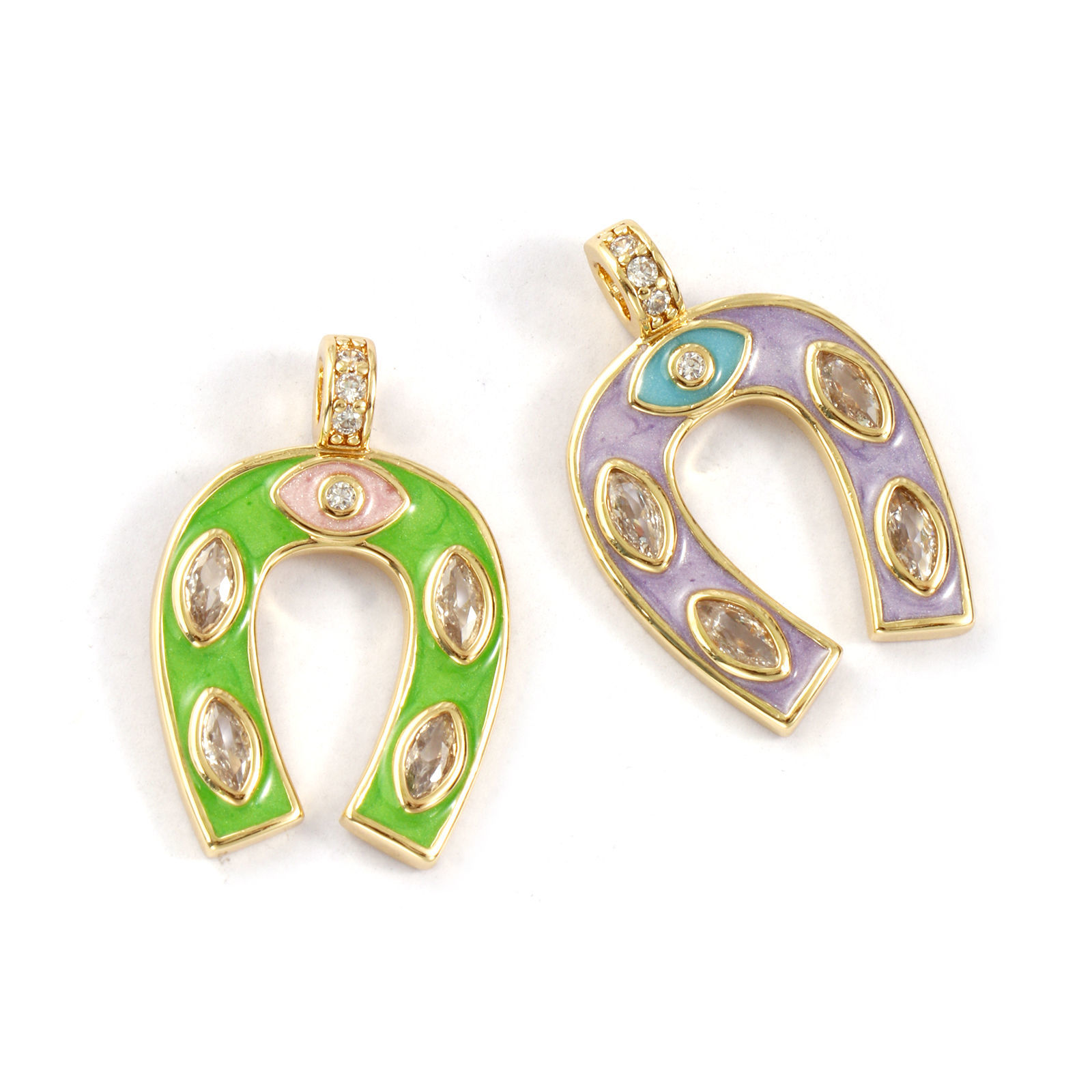 Picture of Eco-friendly Brass West Cowboy Charms 18K Real Gold Plated Enamel Luck Horseshoe Micro Pave Clear Cubic Zirconia 26mm x 18mm