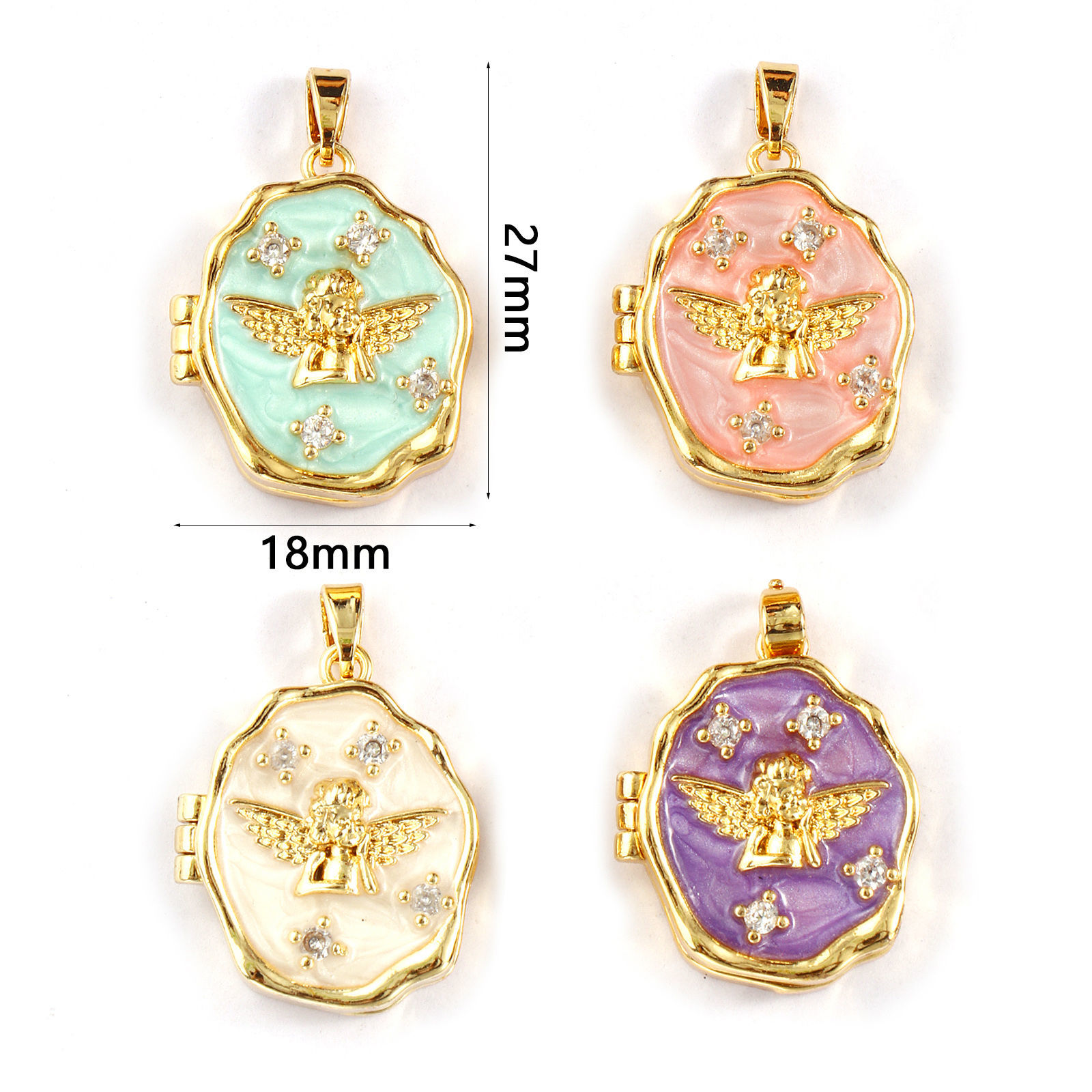 Picture of Brass Religious Picture Photo Locket Frame Pendants 18K Gold Plated Enamel Irregular Angel Can Open Clear Cubic Zirconia 27mm x 18mm
