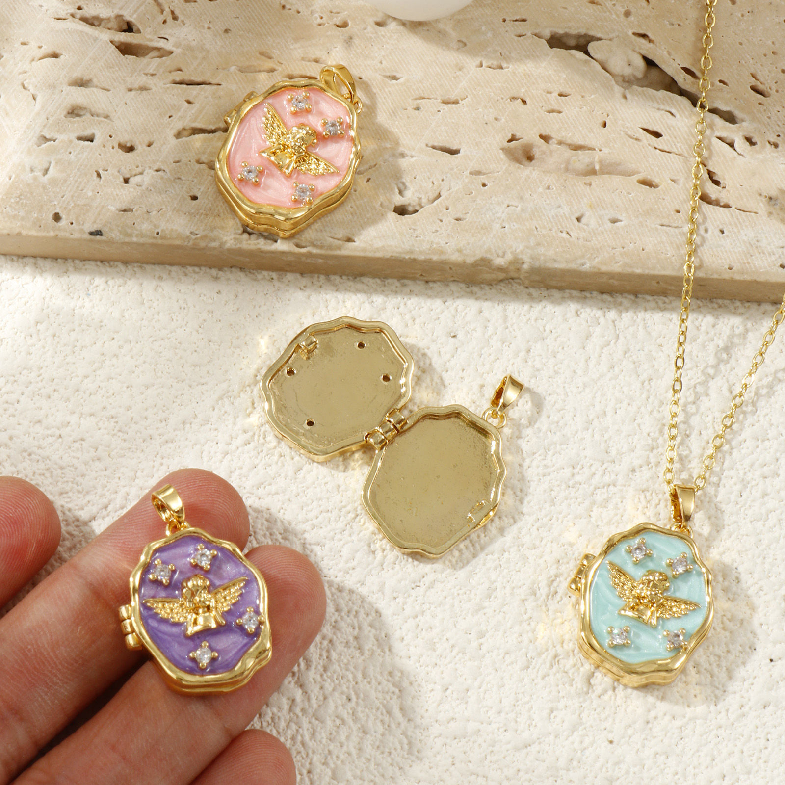 Picture of Brass Religious Picture Photo Locket Frame Pendants 18K Gold Plated Enamel Irregular Angel Can Open Clear Cubic Zirconia 27mm x 18mm