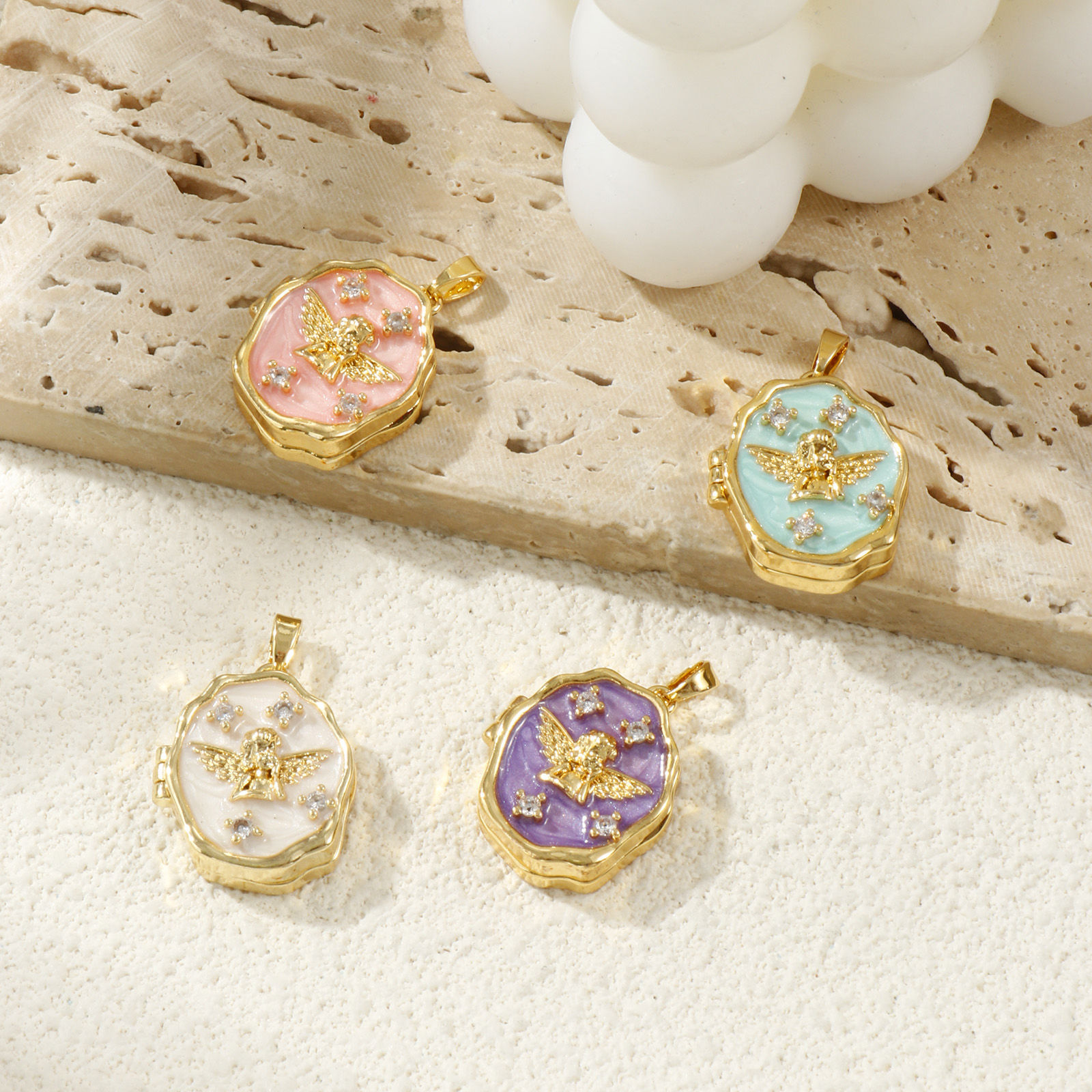 Picture of Brass Religious Picture Photo Locket Frame Pendants 18K Gold Plated Enamel Irregular Angel Can Open Clear Cubic Zirconia 27mm x 18mm