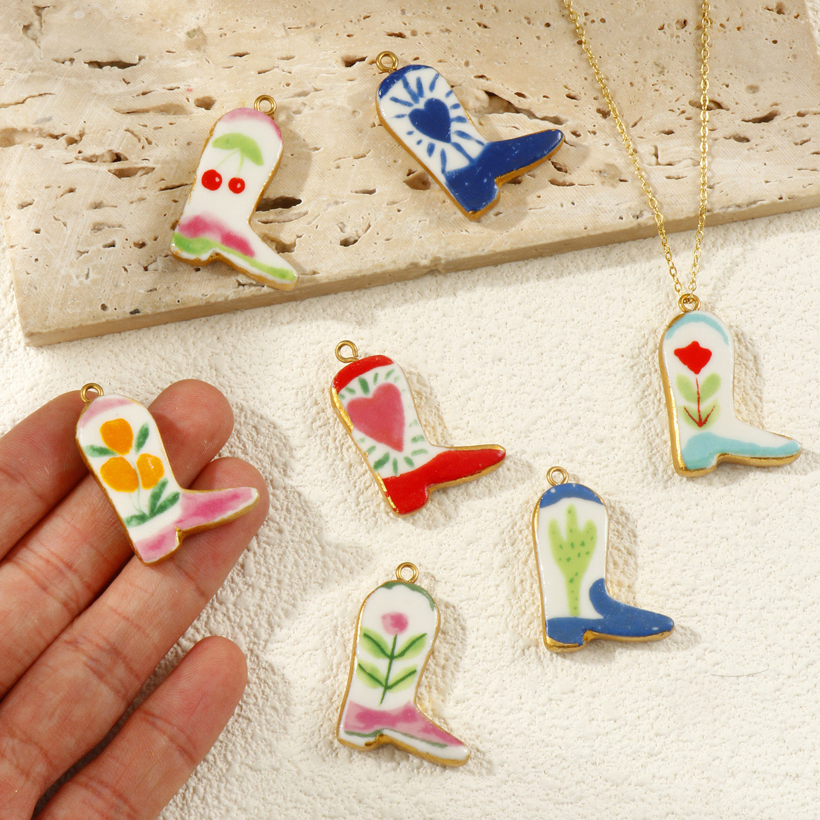 Picture of Eco-friendly PVD Vacuum Plating 304 Stainless Steel & Ceramic West Cowboy Pendants 18K Real Gold Plated Multicolor Boots 3.4cm x 2.3cm