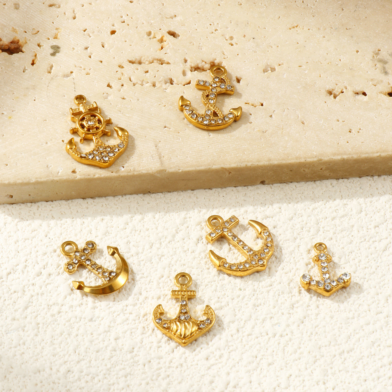 Picture of Eco-friendly PVD Vacuum Plating 304 Stainless Steel Charms 18K Real Gold Plated Anchor Micro Pave Clear Rhinestone