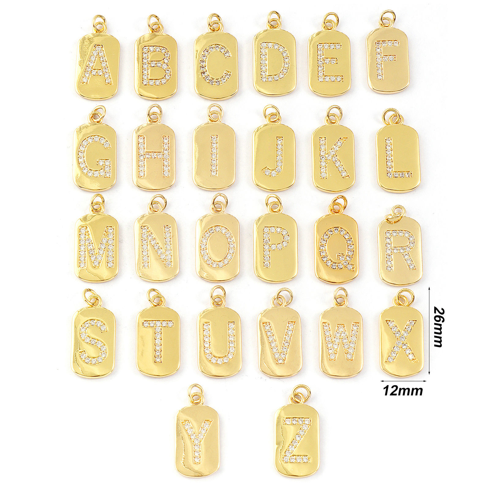 Picture of Eco-friendly Brass Capital Alphabet Initial Letter Name Charms 14K Real Gold Plated Rectangle Message " A-Z " Micro Pave Clear Cubic Zirconia 26mm x 12mm
