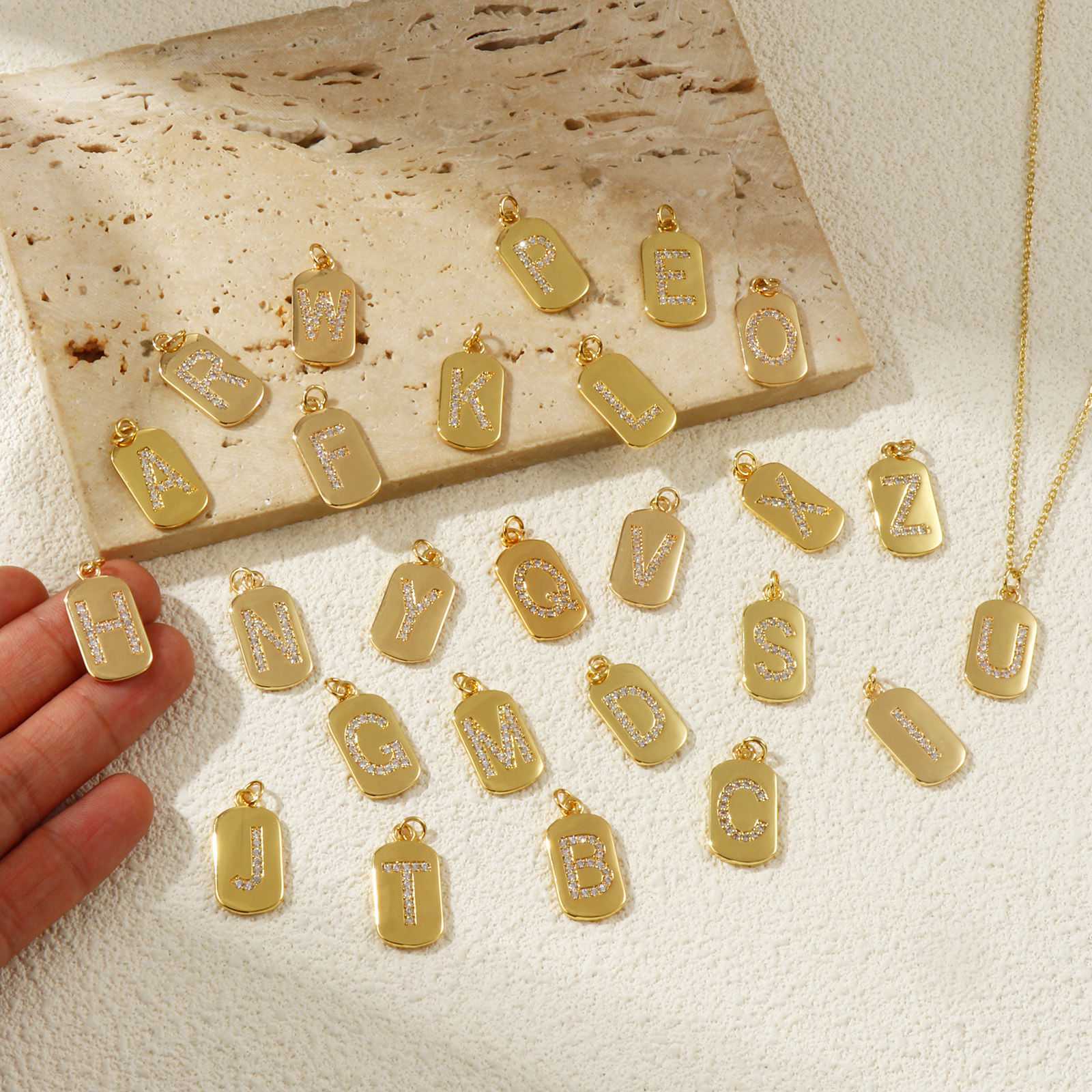 Picture of Eco-friendly Brass Capital Alphabet Initial Letter Name Charms 14K Real Gold Plated Rectangle Message " A-Z " Micro Pave Clear Cubic Zirconia 26mm x 12mm
