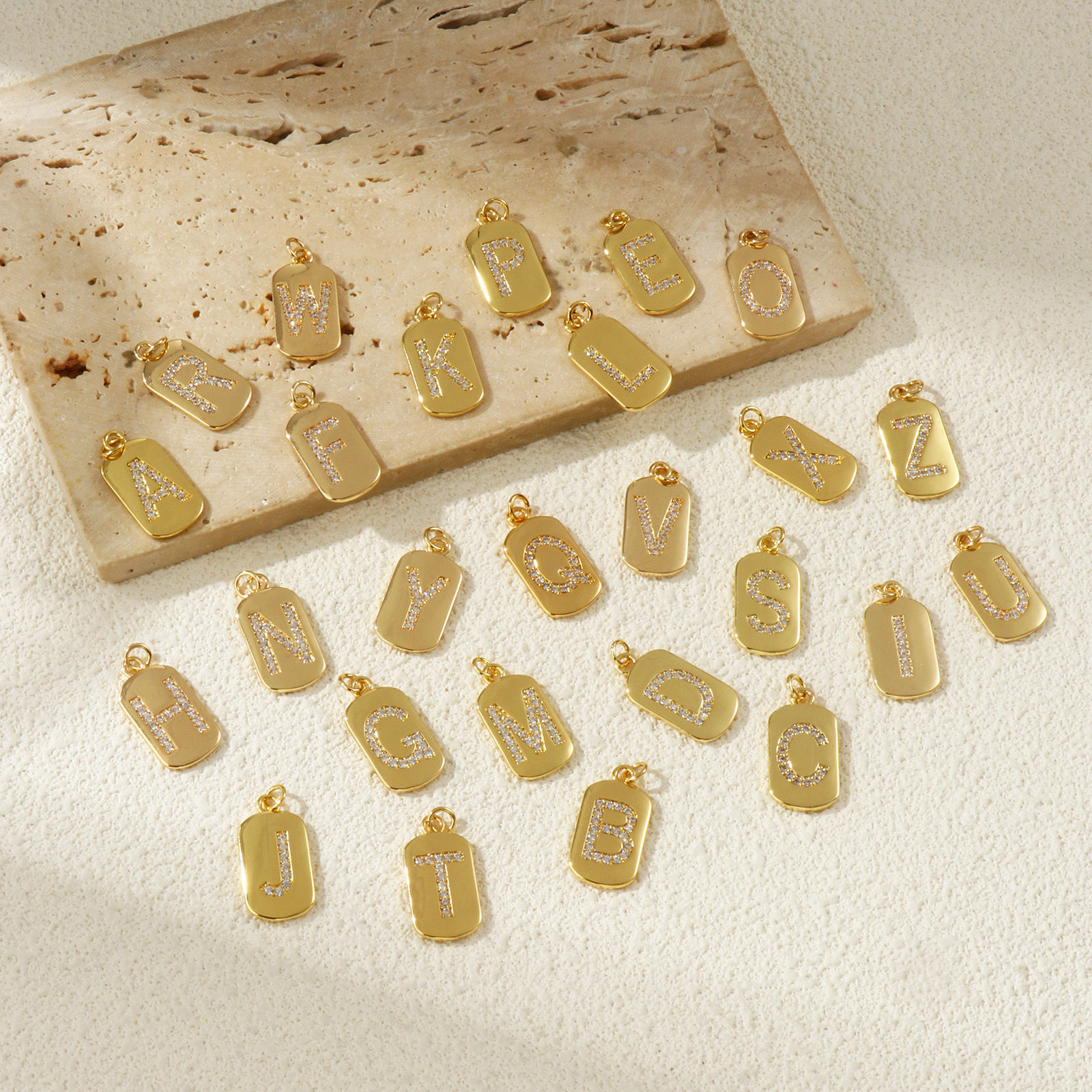 Picture of Eco-friendly Brass Capital Alphabet Initial Letter Name Charms 14K Real Gold Plated Rectangle Message " A-Z " Micro Pave Clear Cubic Zirconia 26mm x 12mm