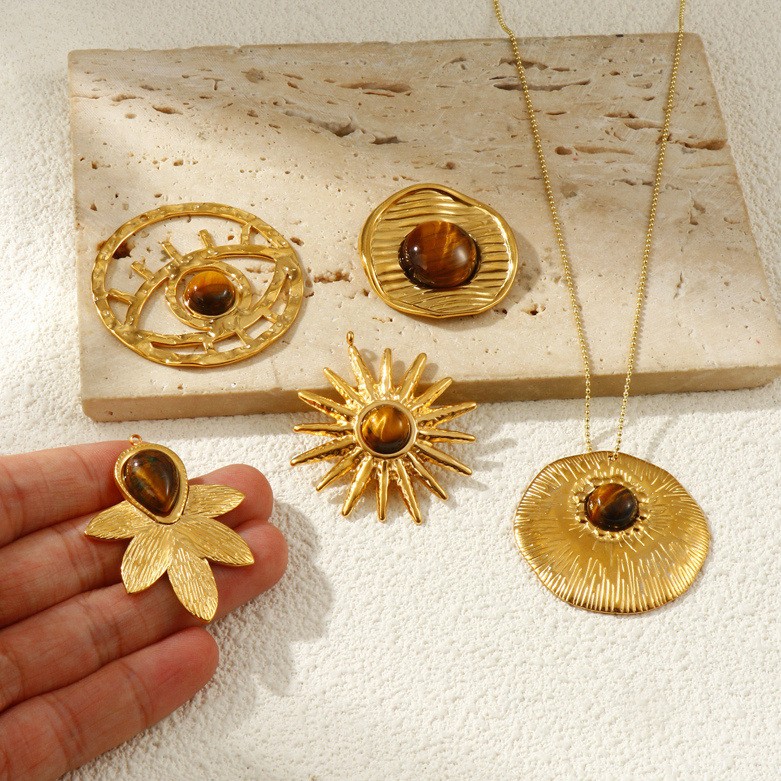 Picture of Eco-friendly PVD Vacuum Plating 304 Stainless Steel & Gemstone Pendants 18K Real Gold Plated Brown