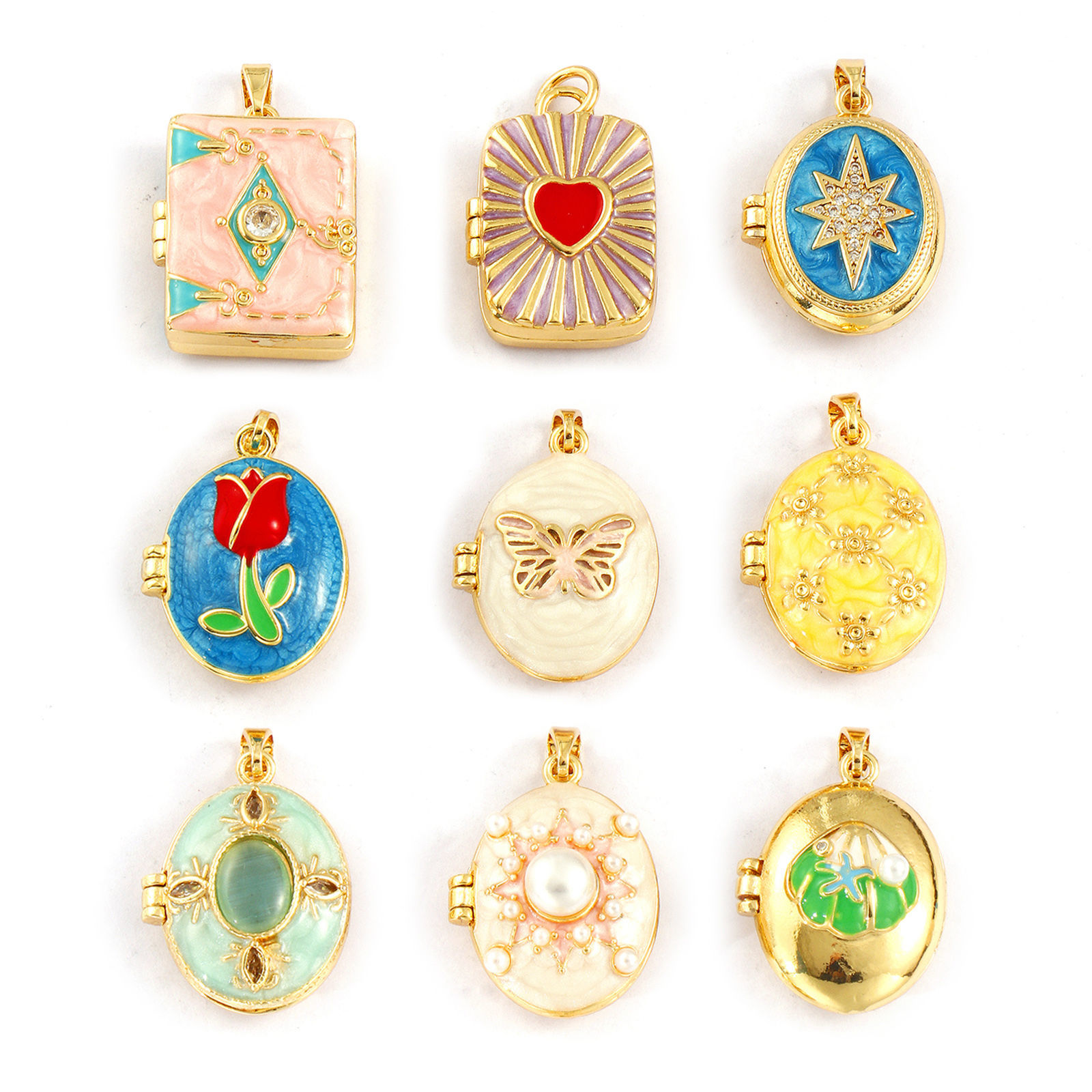Picture of Brass Picture Photo Locket Frame Pendants 18K Gold Plated Enamel Can Open