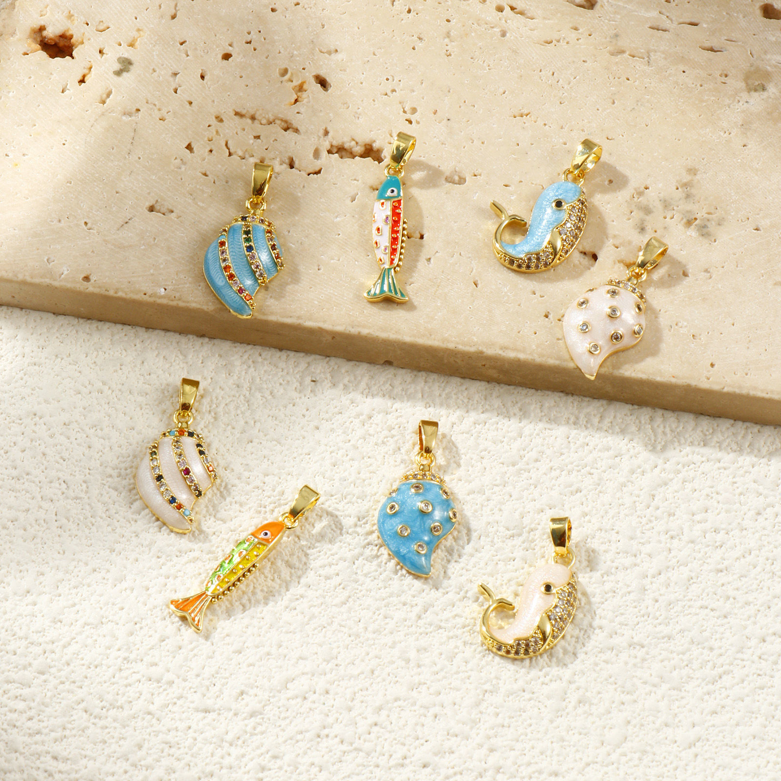 Picture of 2 PCs Eco-friendly Brass Ocean Jewelry Charm Pendant 18K Real Gold Plated Enamel Pearlized