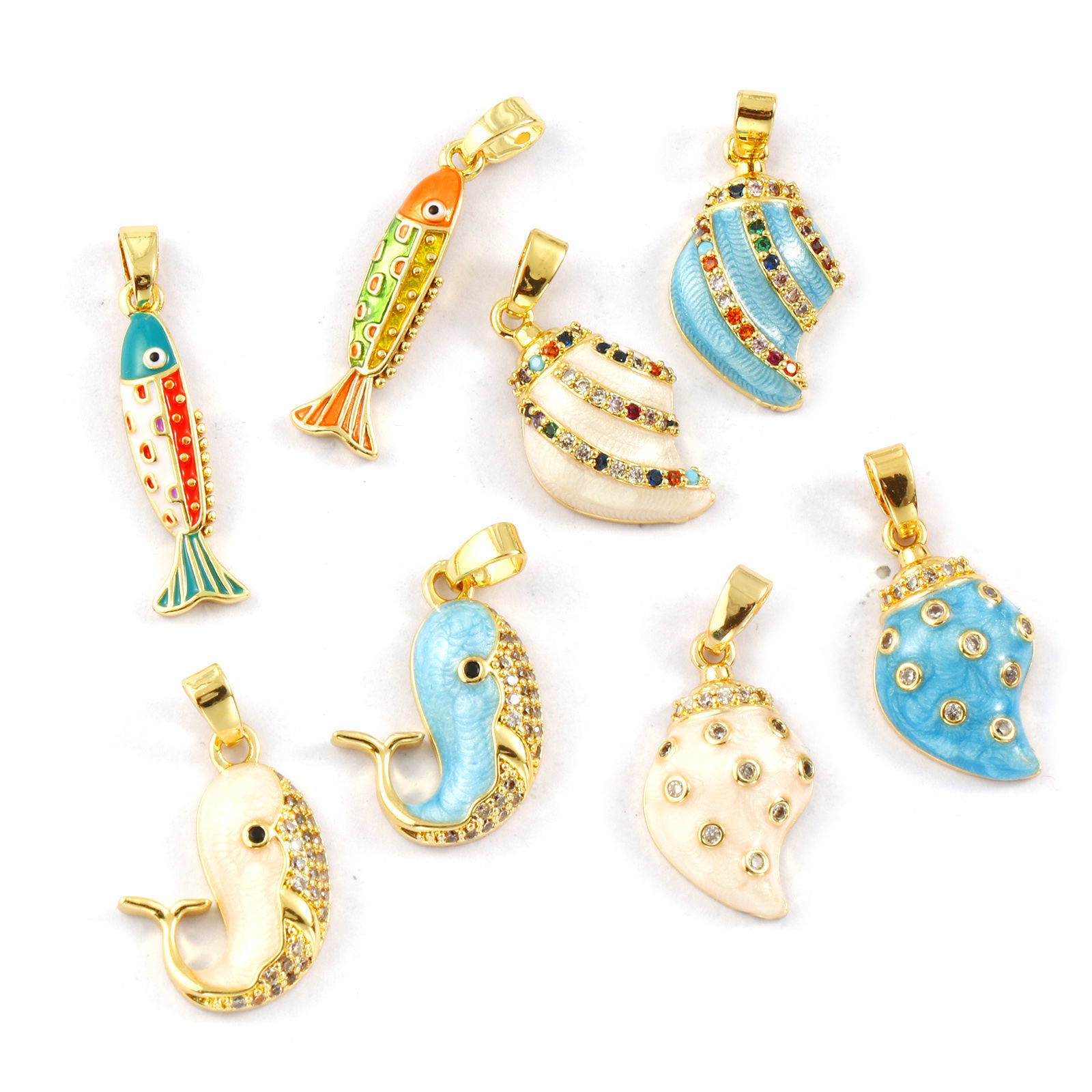 Picture of 2 PCs Eco-friendly Brass Ocean Jewelry Charm Pendant 18K Real Gold Plated Enamel Pearlized