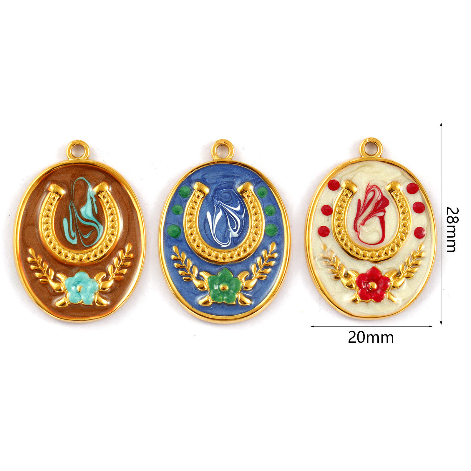 Picture of 1 Piece Eco-friendly PVD Vacuum Plating 304 Stainless Steel Galaxy Charms 18K Gold Plated Enamel Oval Horseshoe Pearlized 28mm x 20mm