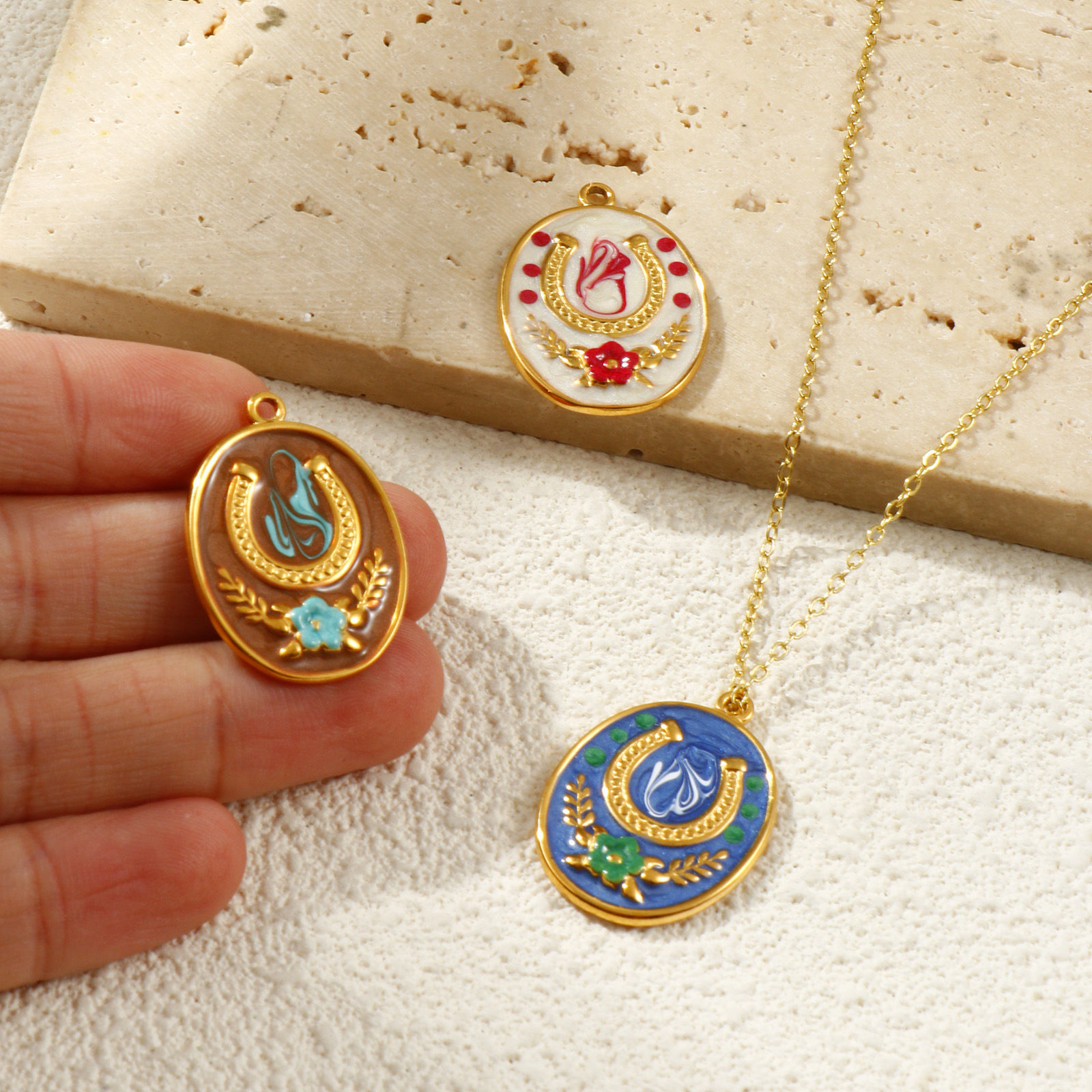 Picture of 1 Piece Eco-friendly PVD Vacuum Plating 304 Stainless Steel Galaxy Charms 18K Gold Plated Enamel Oval Horseshoe Pearlized 28mm x 20mm