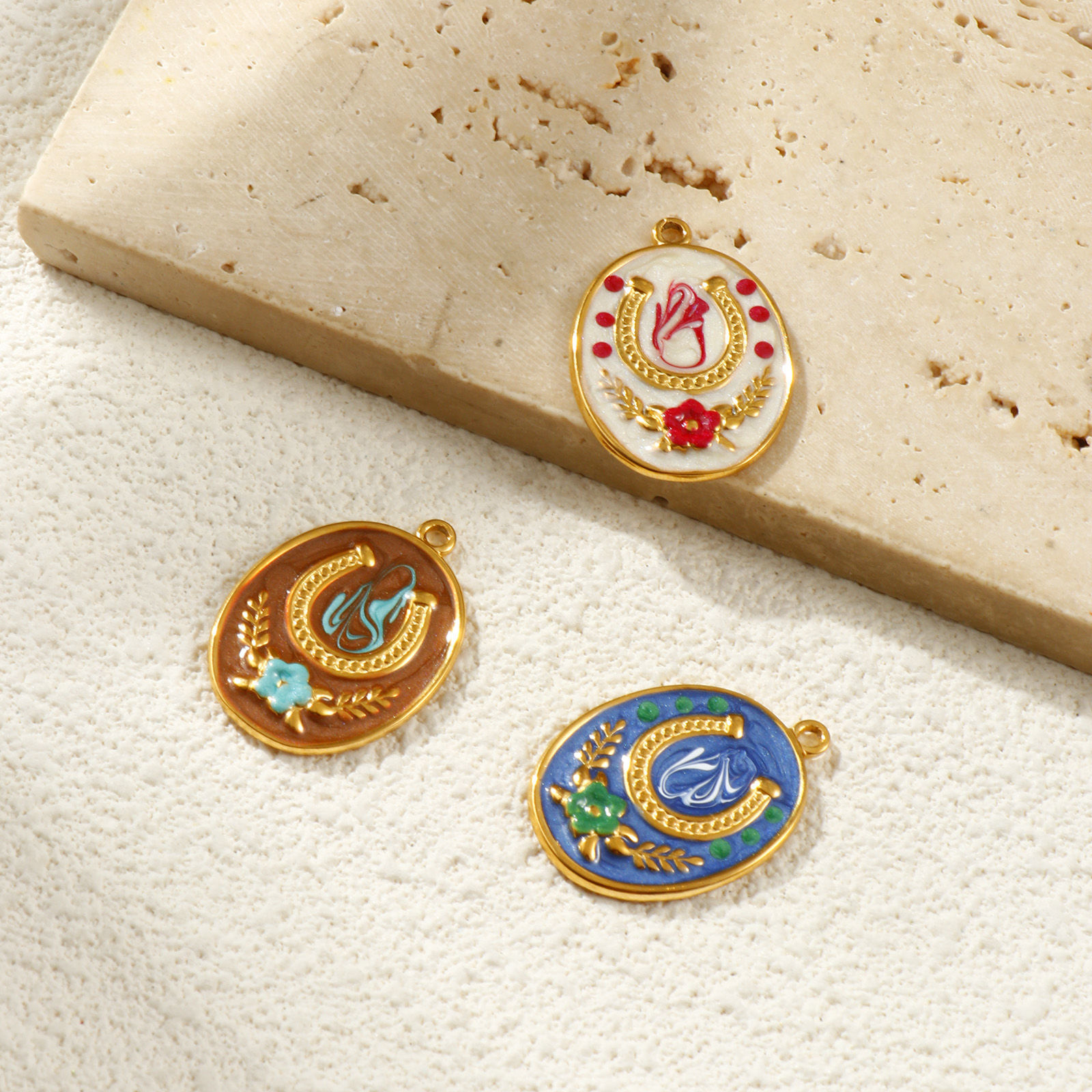 Picture of 1 Piece Eco-friendly PVD Vacuum Plating 304 Stainless Steel Galaxy Charms 18K Gold Plated Enamel Oval Horseshoe Pearlized 28mm x 20mm