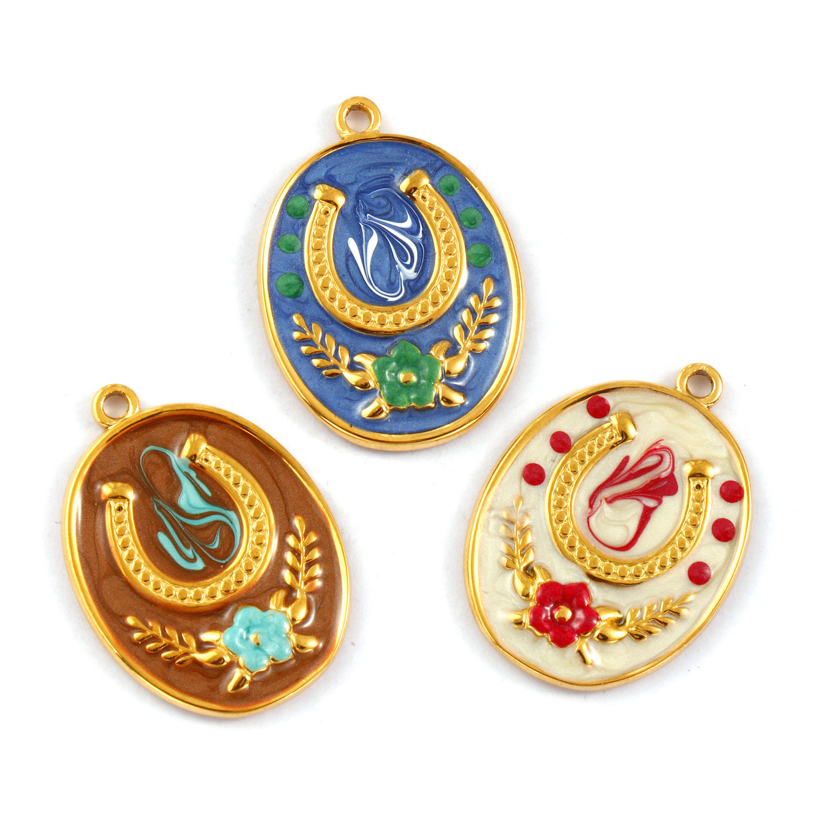 Picture of 1 Piece Eco-friendly PVD Vacuum Plating 304 Stainless Steel Galaxy Charms 18K Gold Plated Enamel Oval Horseshoe Pearlized 28mm x 20mm