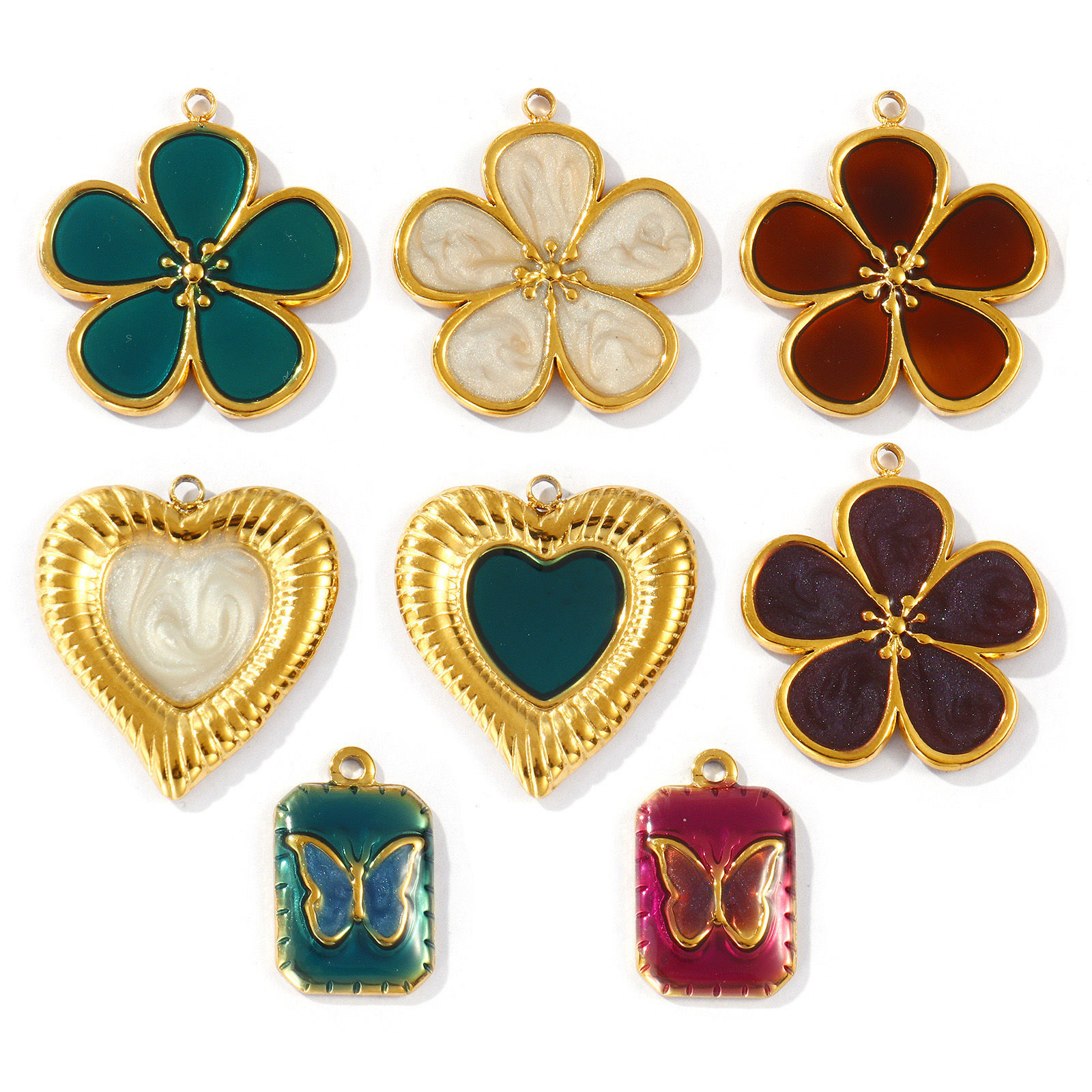 Picture of Eco-friendly PVD Vacuum Plating Waterproof Anti-Tarnish Hypoallergenic 304 Stainless Steel Charms 18K Real Gold Plated Enamel Flower Butterfly