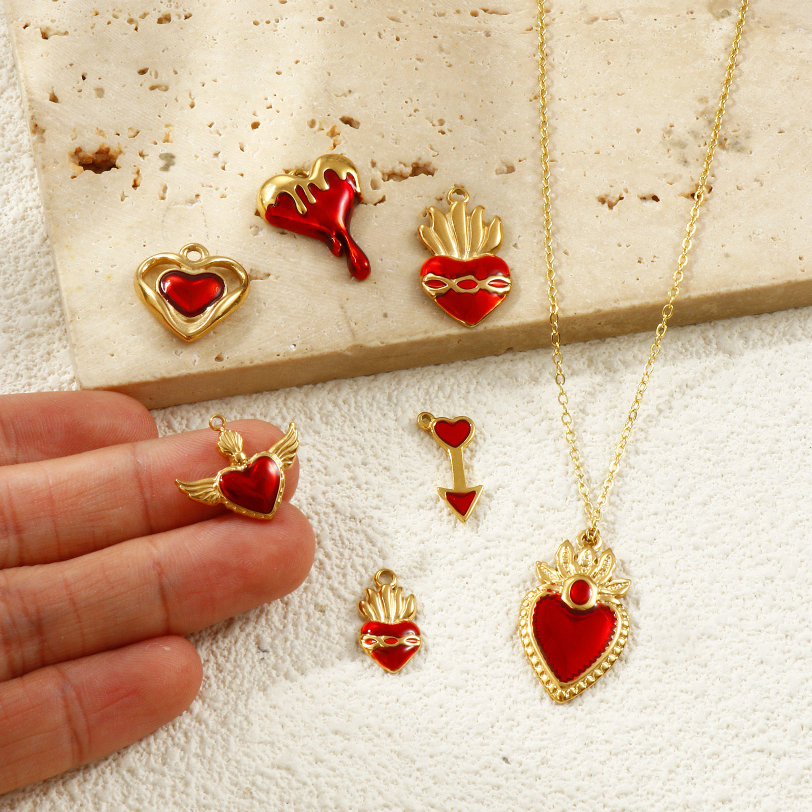 Picture of Eco-friendly PVD Vacuum Plating Waterproof Anti-Tarnish Hypoallergenic 304 Stainless Steel Charms 18K Real Gold Plated Red Enamel
