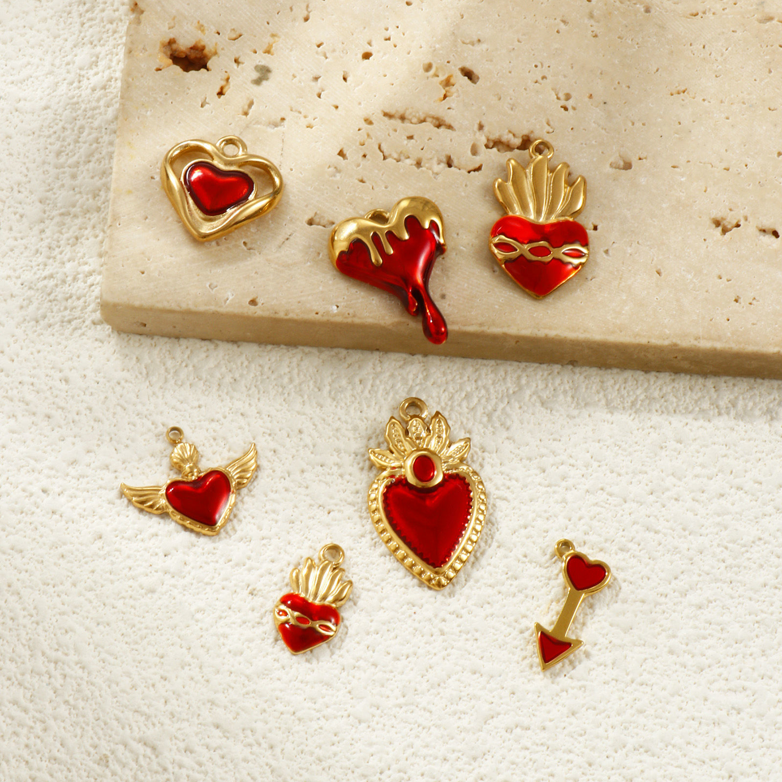 Picture of Eco-friendly PVD Vacuum Plating Waterproof Anti-Tarnish Hypoallergenic 304 Stainless Steel Charms 18K Real Gold Plated Red Enamel